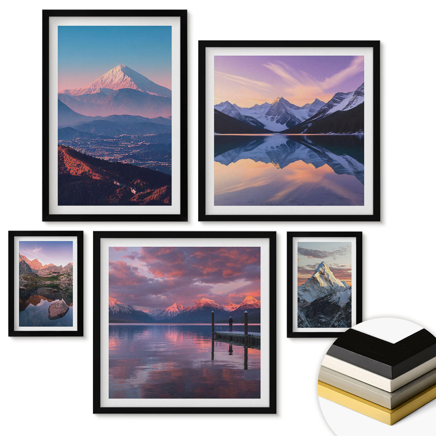 WANDBILDER 5er-Set - 50x50 cm & 20x30 cm & 40x60 cm Schwarzer Rahmen - Nachtstadt mit Neonlichtern - Schwarz, Kunststoff (40/60cm) - ArtPrintCave