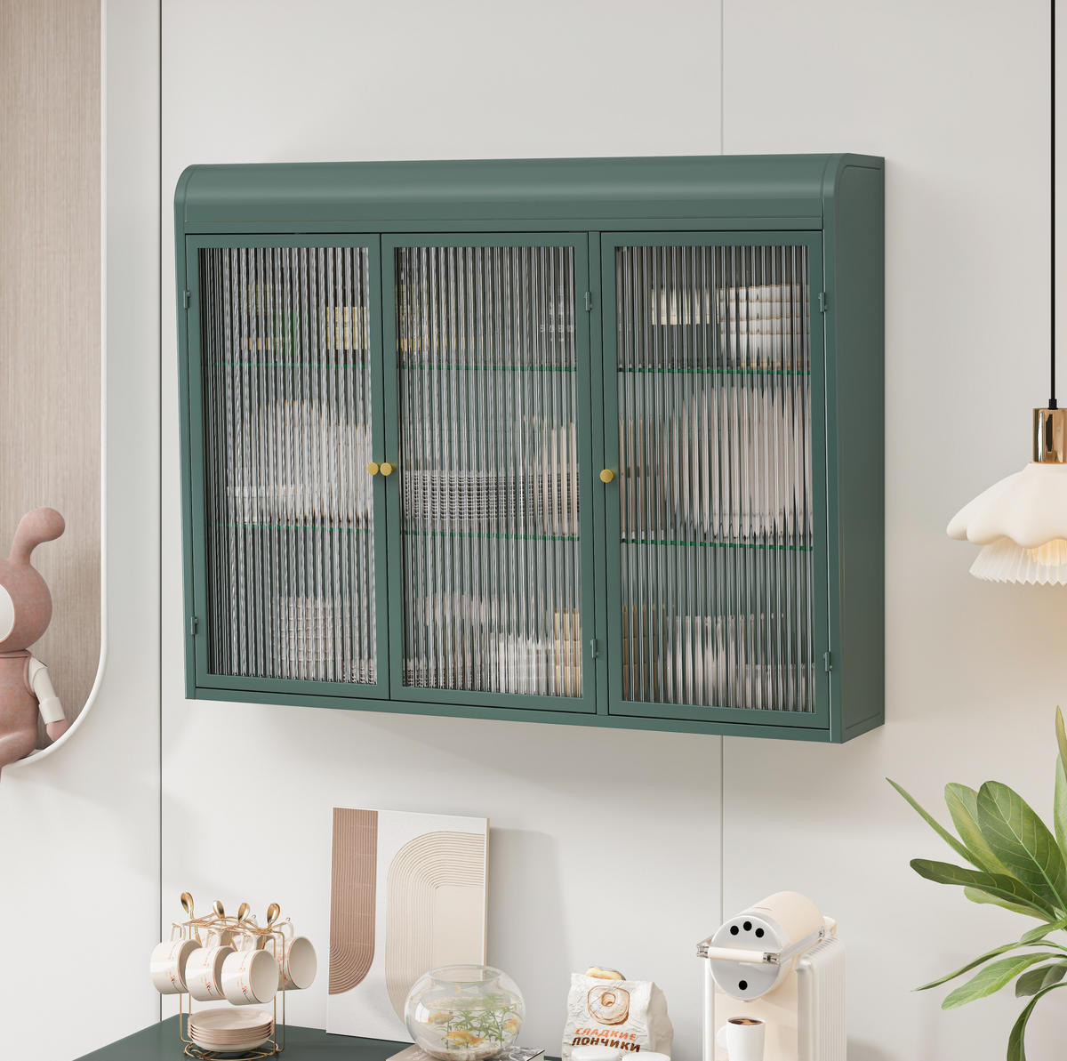 KÜCHENOBERSCHRANK mit Glasfront in Dunkelgrün – 3 Türen, wandhängend - Grün, Glas (90/70/20cm) - BEAOK