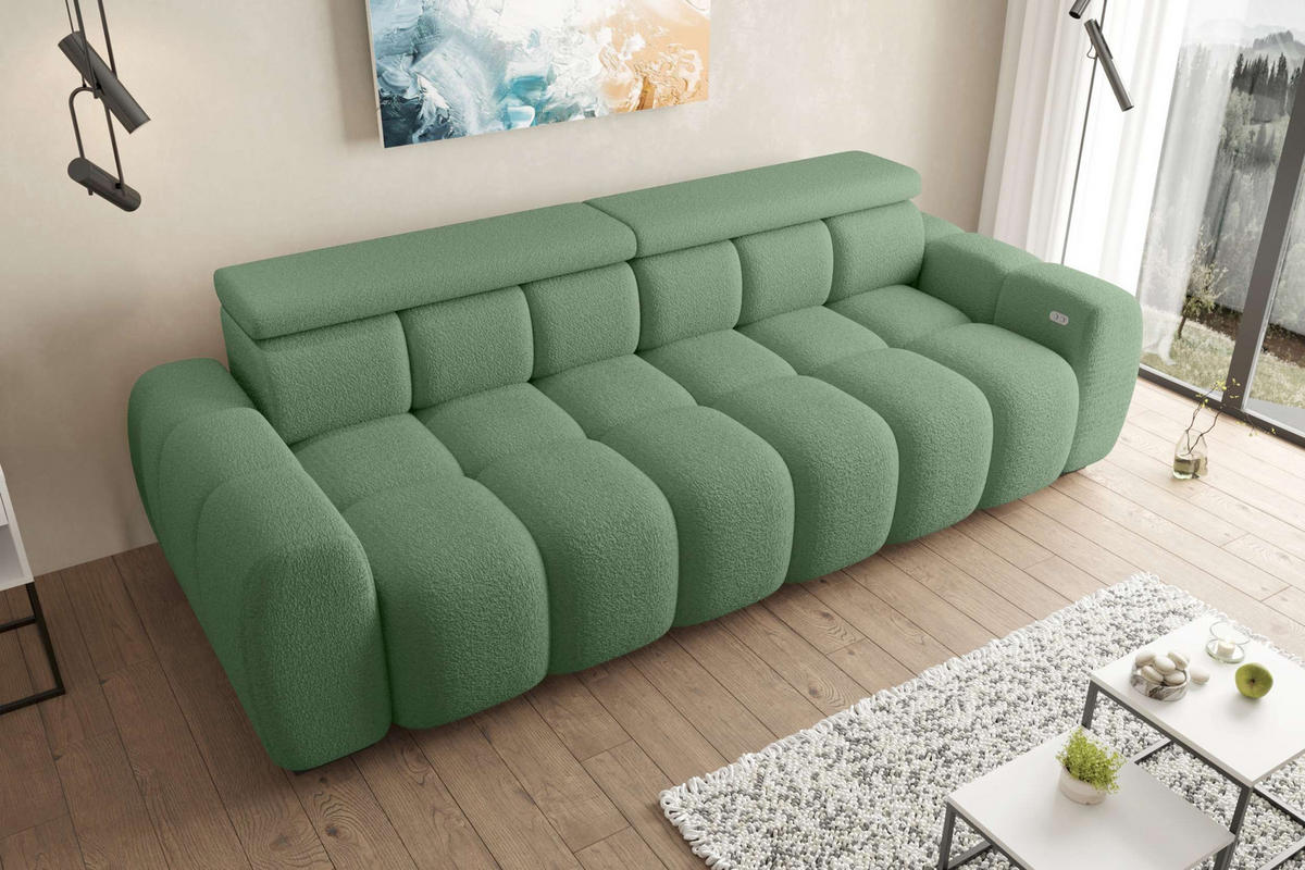 BIGSOFA ALESSIO Bouclé-Stoff Mintgrün mit elektrischer Sitztiefenverstellung - Mintgrün, Kunststoff/Textil (248/77/108cm) - 99rooms