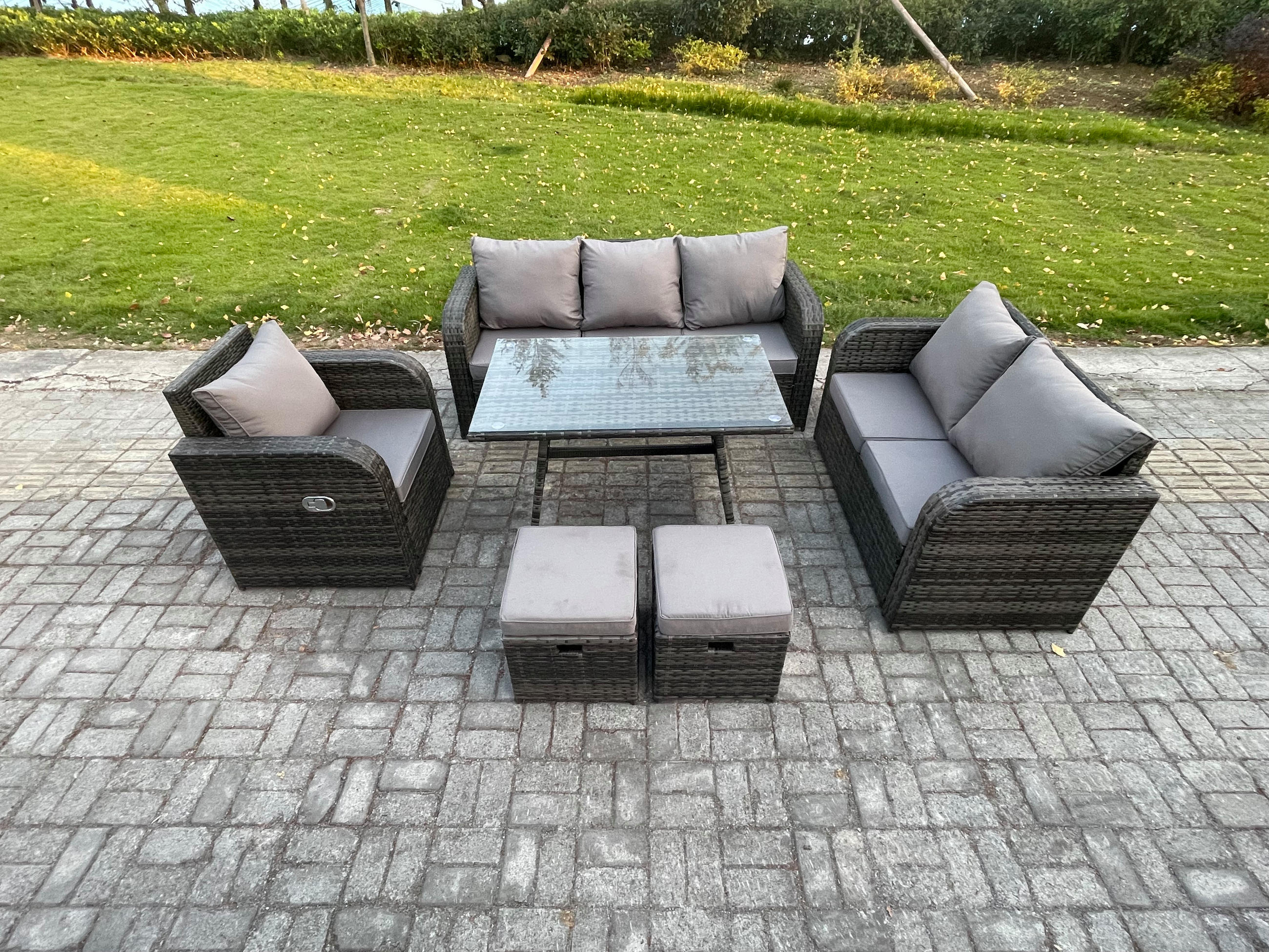 GARTENMÖBEL SET Polyrattan Dunkelgrau 8-Sitzer - Dunkelgrau/Grau, Glas/Kunststoff - Fimous