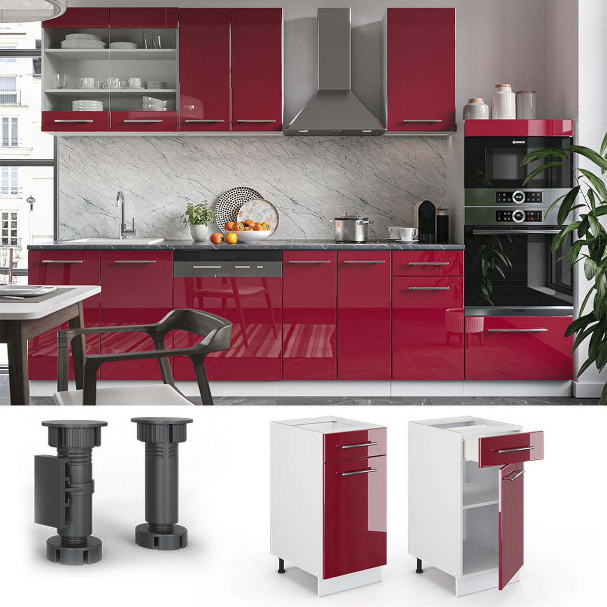 KÜCHENUNTERSCHRANK Fame-Line Bordeaux Hochglanz 40 cm ohne AP - Bordeaux/Weiß, Holzwerkstoff (40/82/52cm) - Vicco