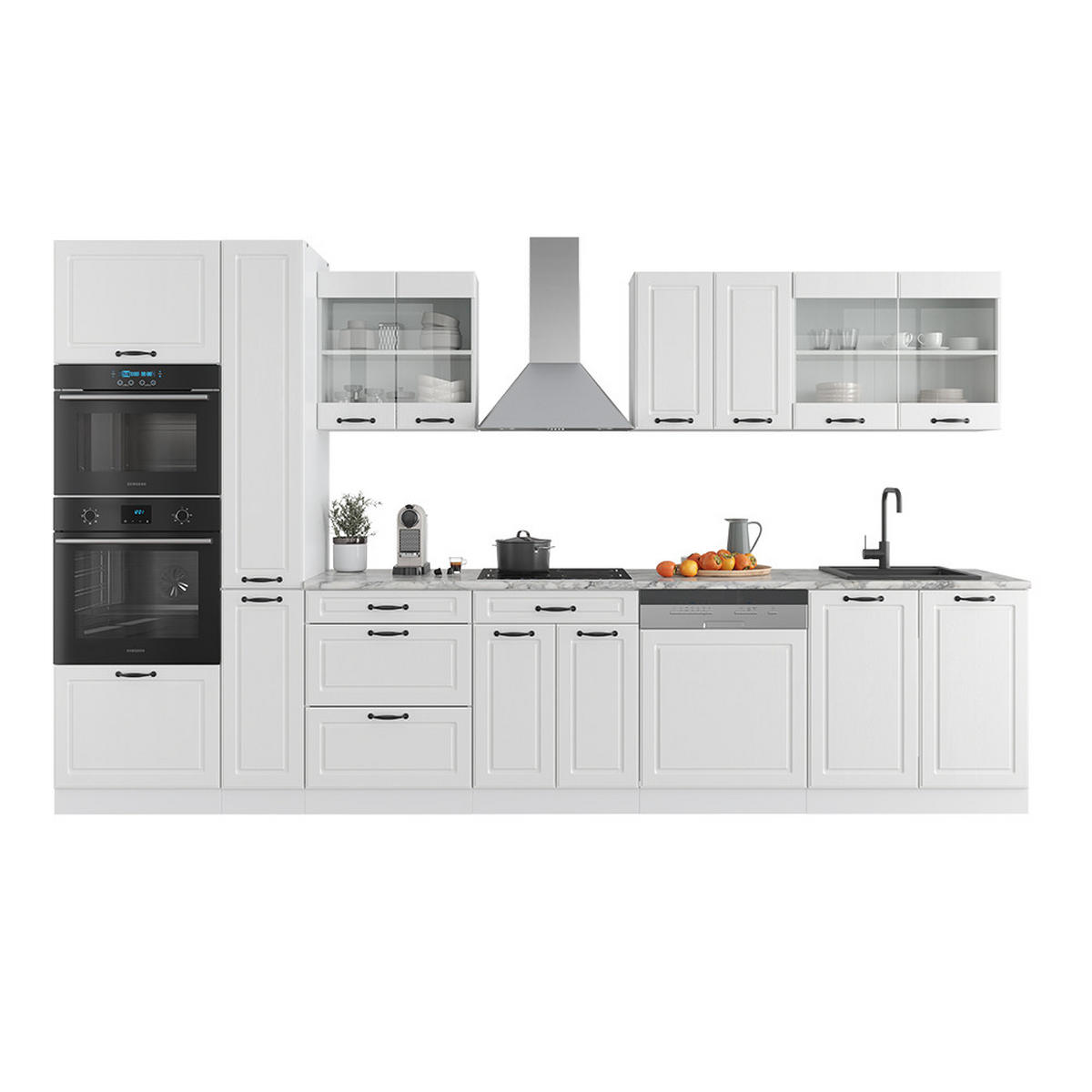 KÜCHENZEILE R-Line Weiß Landhaus/Weiß 350 cm mit Hochschrank, ohne AP - Creme/Weiß, Holzwerkstoff (350/81.6/46cm) - Vicco