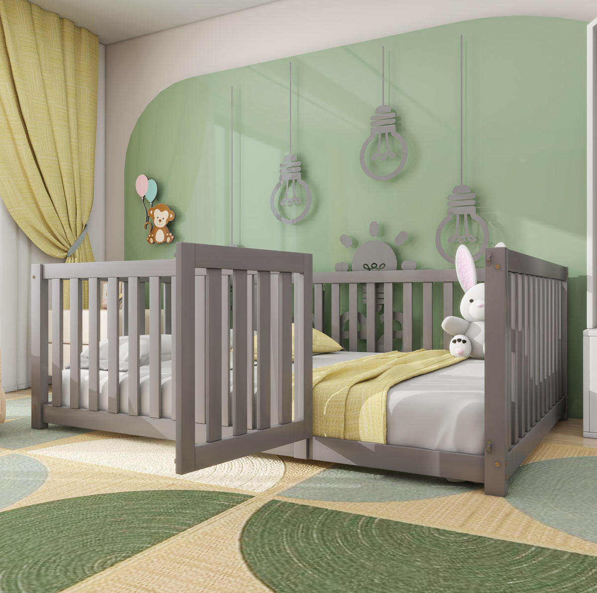 BETT aus Kiefernholz 140x200 cm Grau mit Zaun und Tür im Bodenbett-Design - Grau, Holzwerkstoff (140/200cm) - Modfu