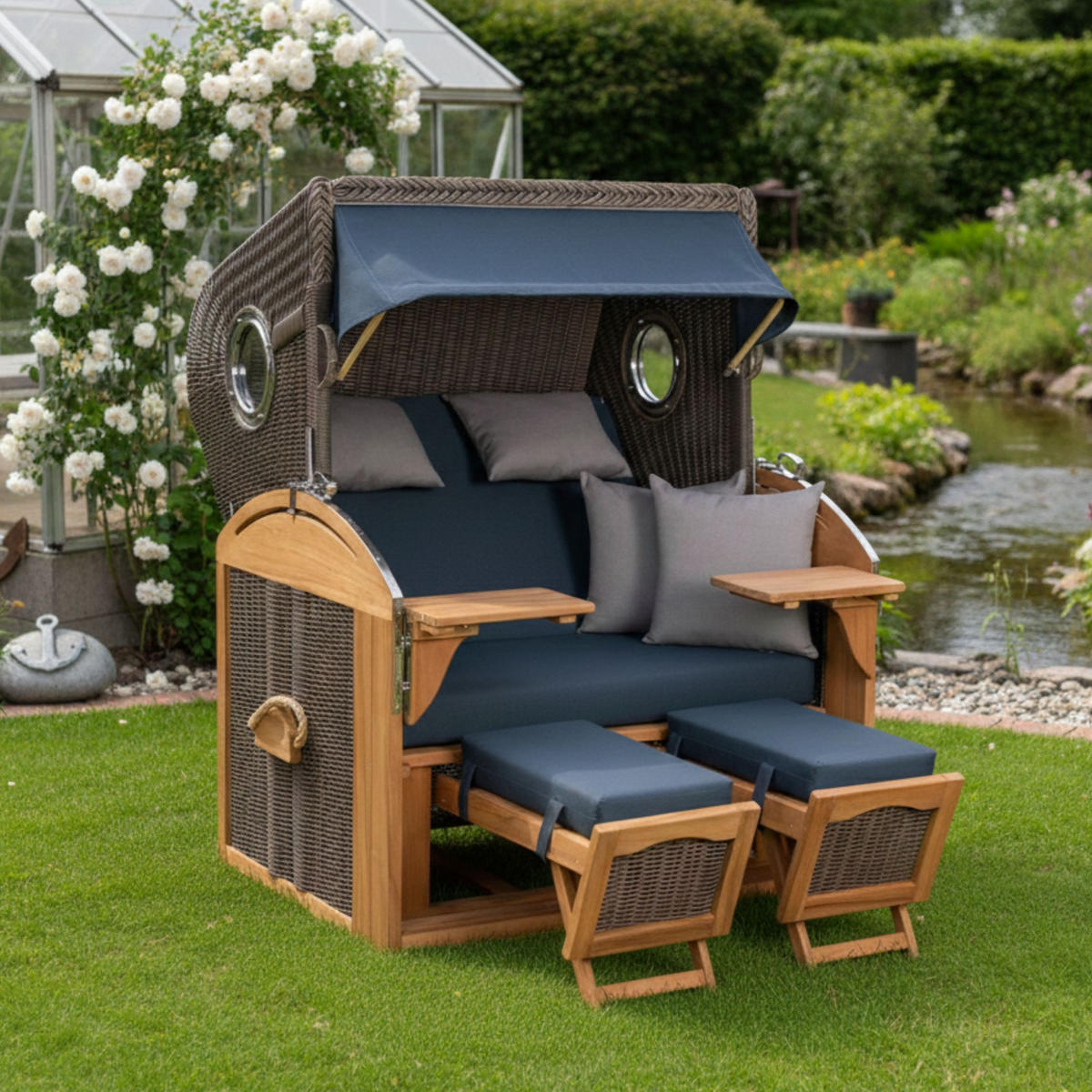 STRANDKORB XL Schillig Bullauge - Blau/Braun, Metall (142/170/95cm) - Mr. Deko