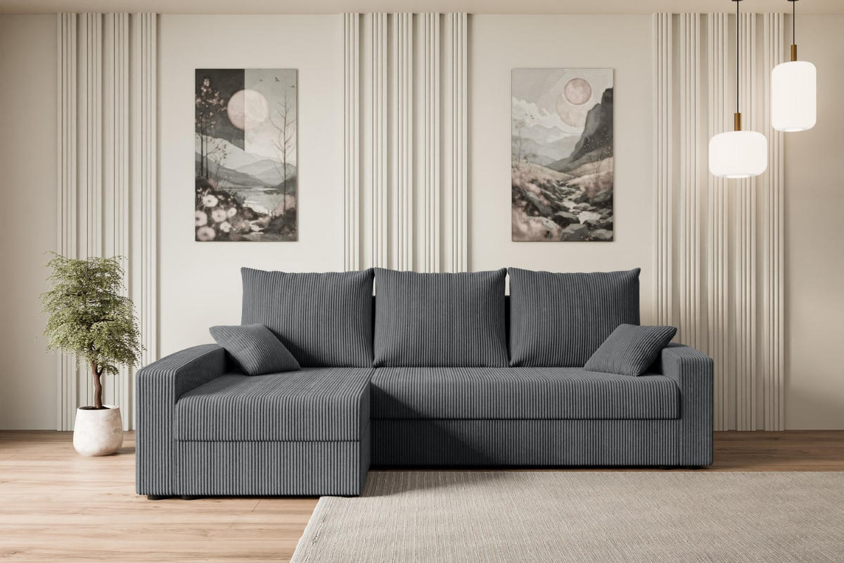 ECKSOFA mit Schlaffunktion und Bettkasten ALESIA-L 231x140x90 cm Grau Cord - Dunkelgrau/Silberfarben, Holzwerkstoff/Kunststoff (231/140cm) - ALTDECOR