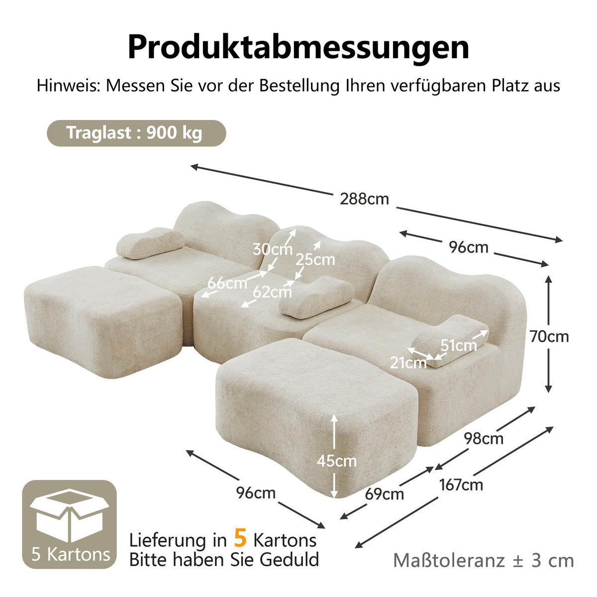 WOHNLANDSCHAFT DE-34348 3-Sitzer mit 2 Ottomans Beige - Beige, Textil (167/70/288cm) - ComfortXL