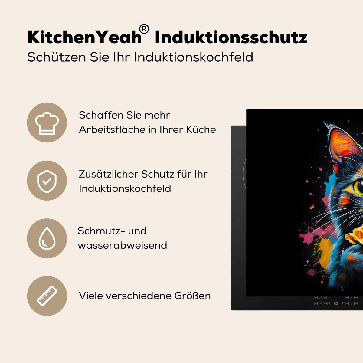 HERDABDECKPLATTE Katze - Graffiti - Bunt - Waffel - Essen Induktionsmatte 77x51 cm - Multicolor, Kunststoff (77/51/0.2cm) - MuchoWow