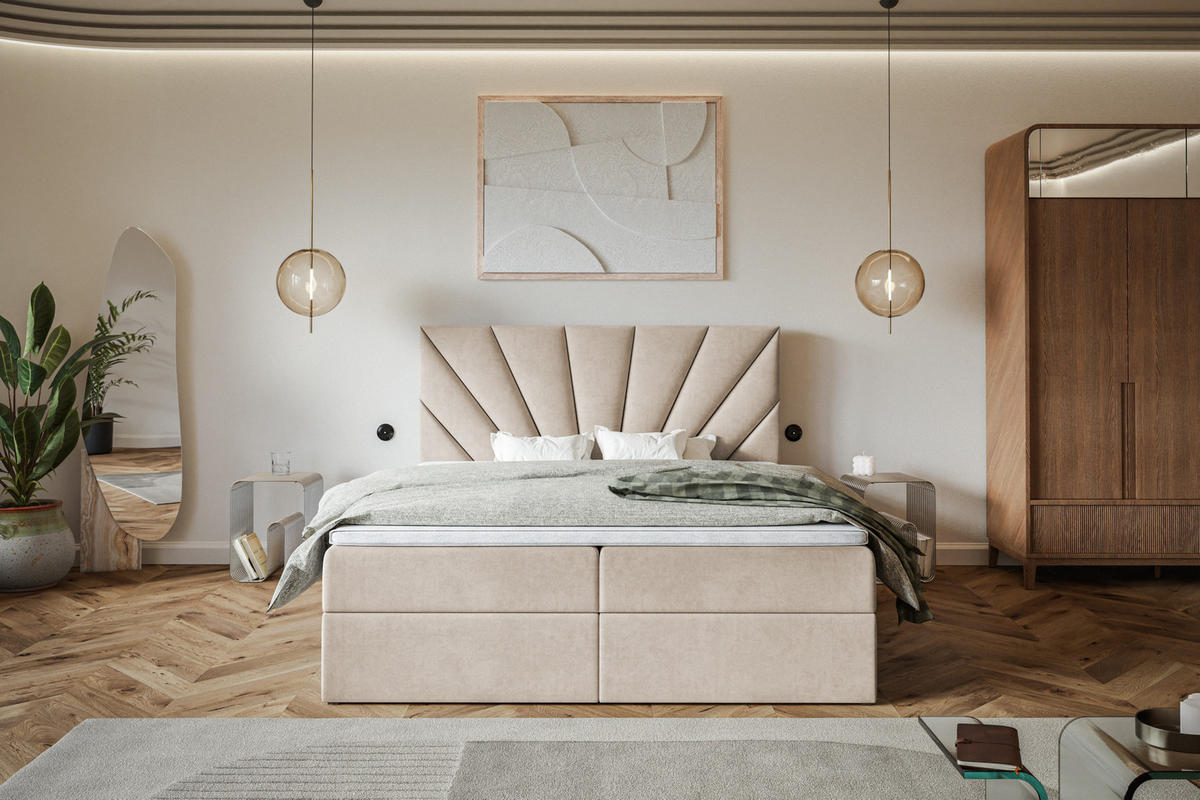 BOXBETT DENVER mit 2 Bettkästen, 180x200, Farbe: Beige, Velourstoff, Doppelbett mit Bonell-Matratze - Beige, Holz/Kunststoff (180/200cm) - Alpi-Möbel