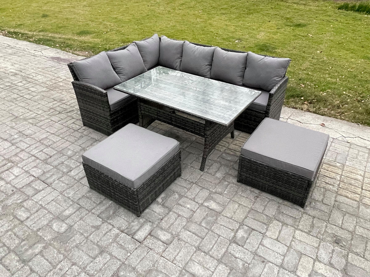 SITZGRUPPE mit Esstisch,2 Fußhocker Polyrattan Dunkelgrau 8-Sitzer - Dunkelgrau/Grau, Glas/Kunststoff - Fimous