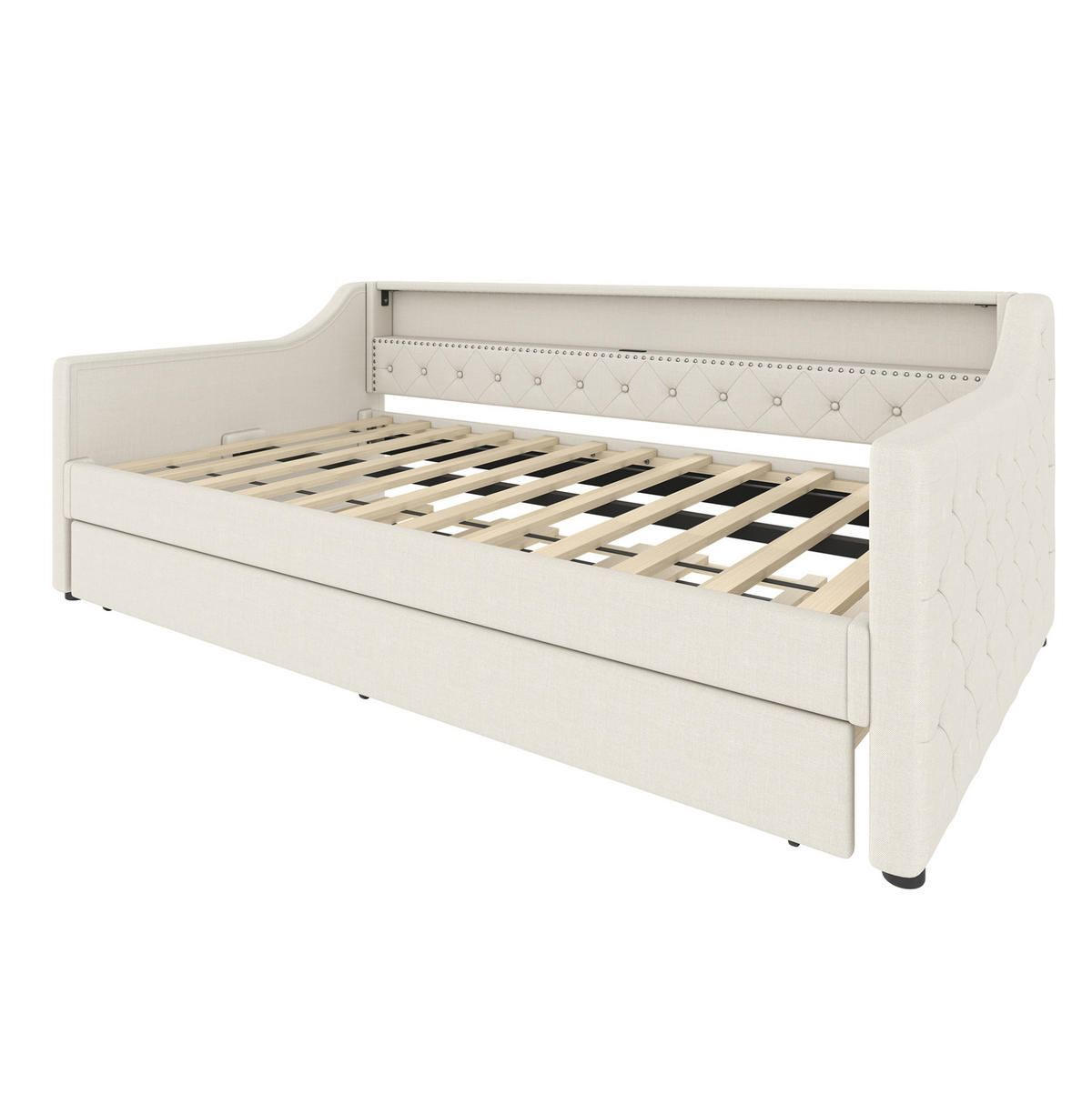 POLSTERBETT 90/200 cm mit Ausziehbett, LED-Beleuchtung und USB-Anschluss, Beige - Beige, Textil (90/200cm) - Redom