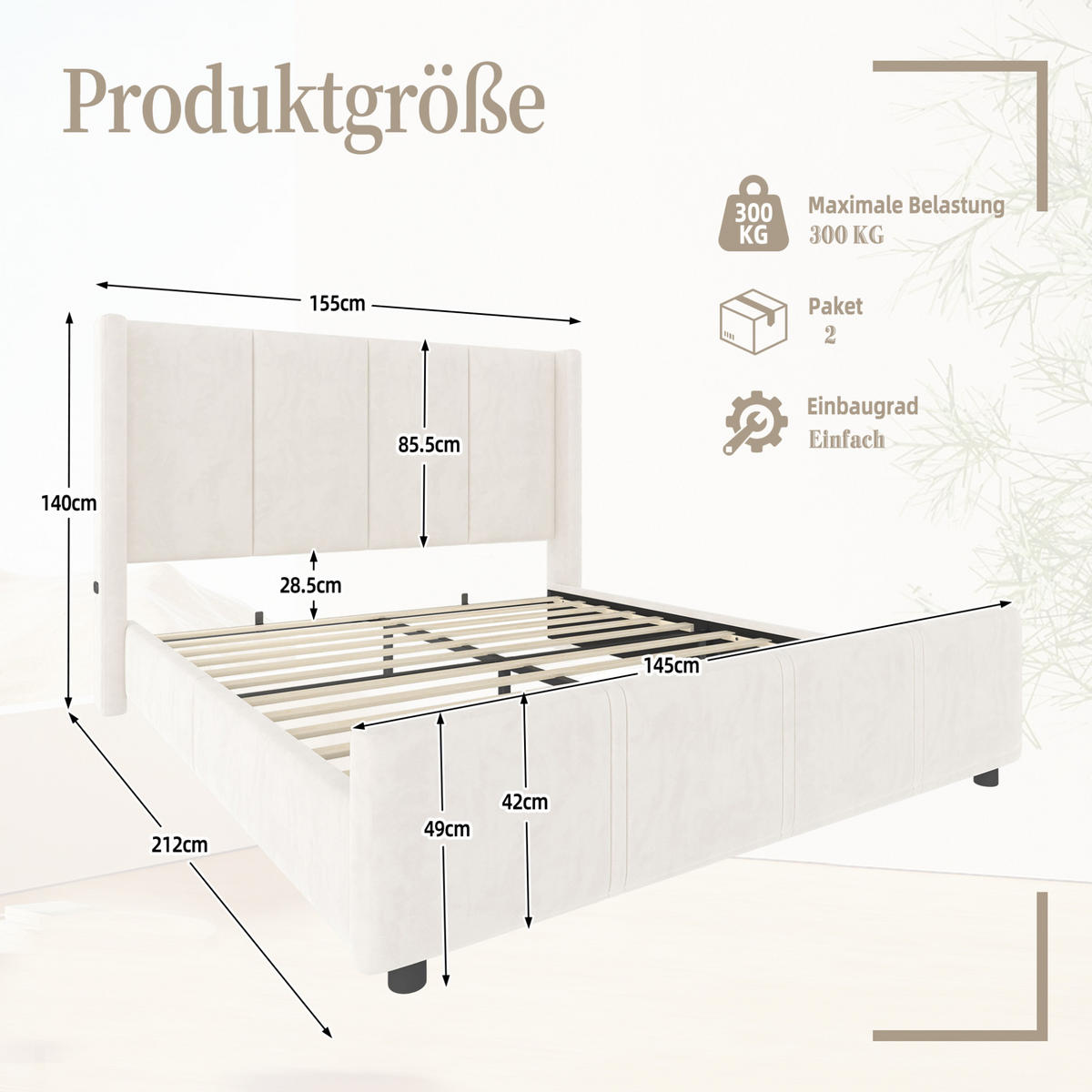 POLSTERBETT 140/200 cm mit hohem Kopf- und Fußteil, USB- und Typ-C-Anschluss, Samtoptik, Beige - Beige, Textil (140/200cm) - Redom