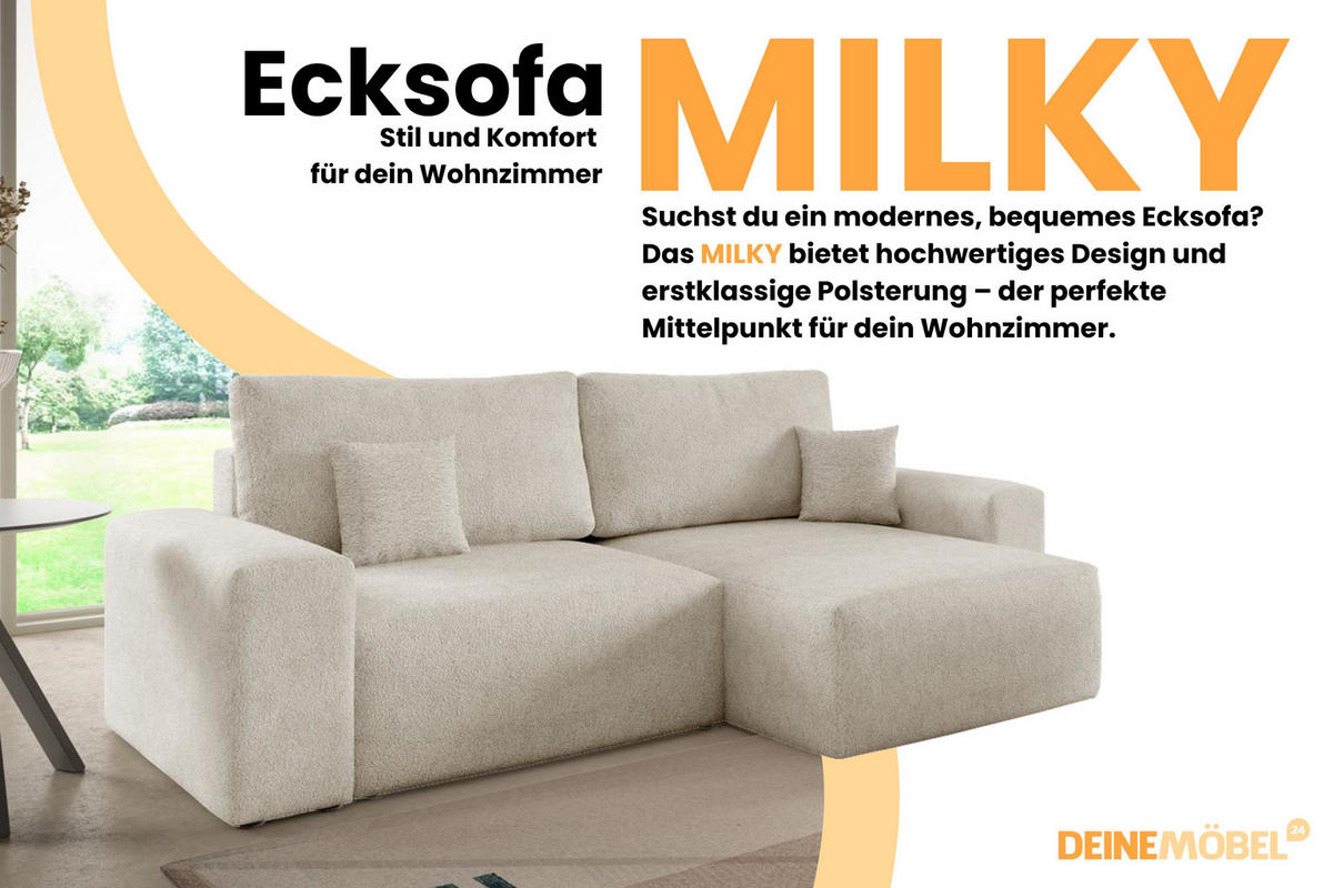 ECKSOFA MILKY 255/148 in Bouclé Creme links - Creme, Holz/Holzwerkstoff (255/148cm) - Deine Möbel 24