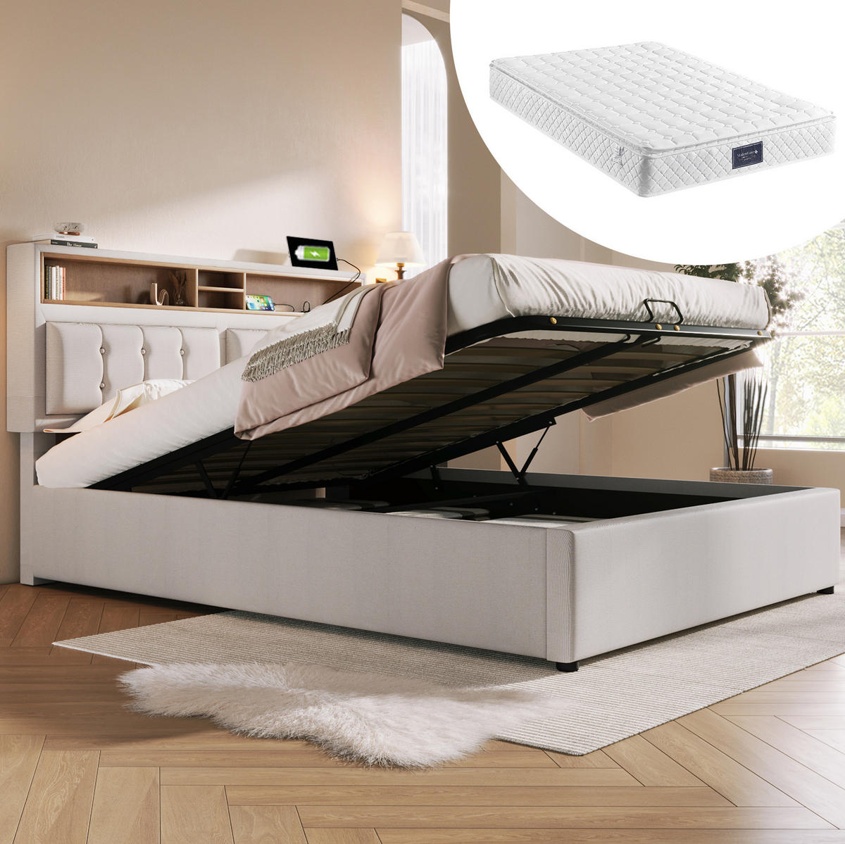 POLSTERBETT 160/200 cm Beige mit USB- und Type-C-Anschlüssen aus Leinen Mit Matratze - Beige, Textil (160/200cm) - OKWISH