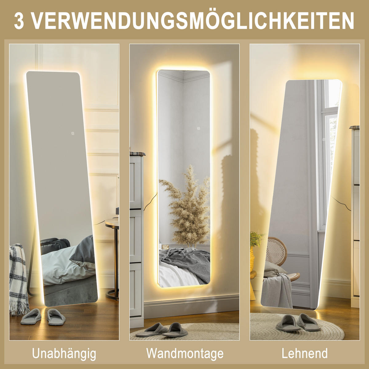 GANZKÖRPERSPIEGEL, 150 x 40 cm Standspiegel mit LED-Beleuchtung, Transparent - Transparent, Metall (3/150/40cm) - HOMCOM