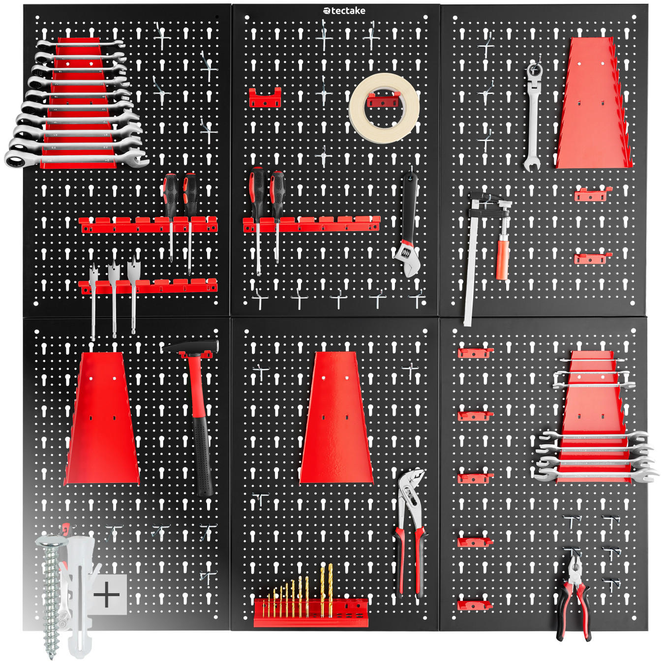 WERKZEUGLOCHWAND Jonah,Belastbarkeit 4 kg pro Platte,schwarz/rot - Rot/Schwarz, Metall (240/60/2cm) - tectake