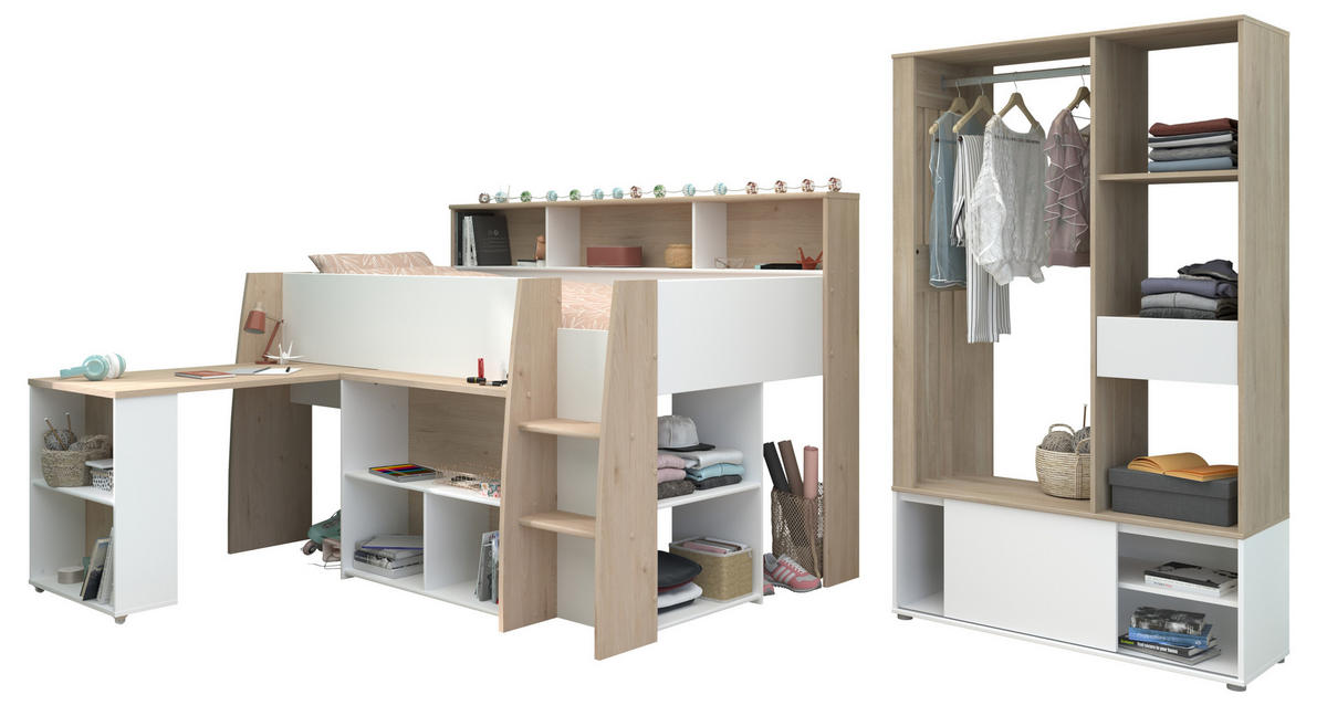 JUGENDZIMMER Lucas 11 in Japanischer Eiche und Weiß 3 teilig mit Hochbett - Braun, Holzwerkstoff (120/200/80cm)