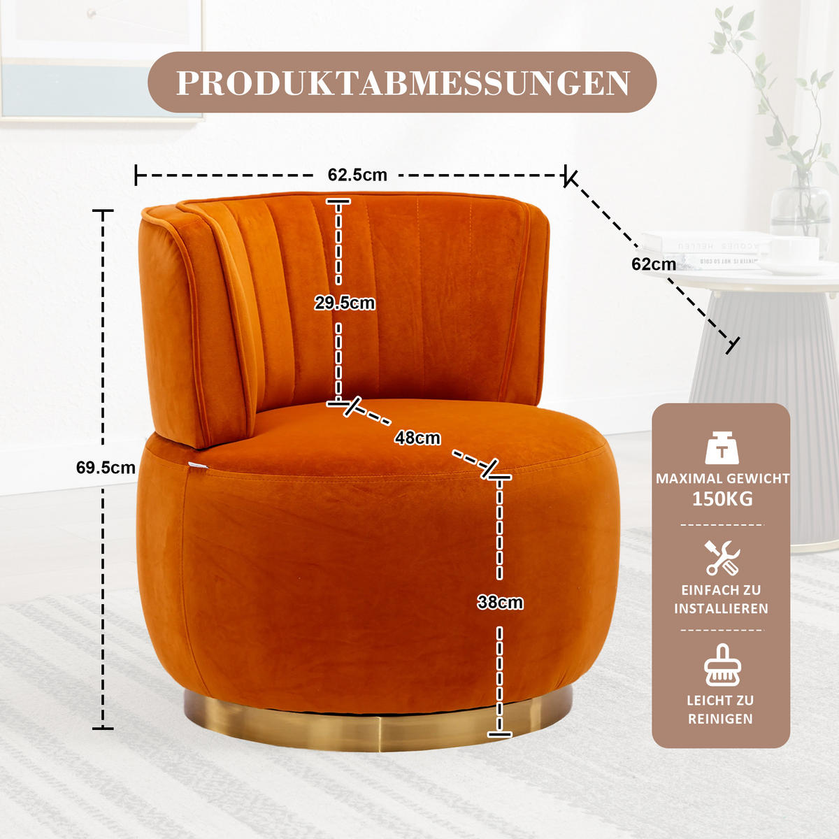 STUHL, Samt, 360° drehbar, 62,5/62/69,5 cm, Orange - Orange, Textil (62/69.5/62.5cm) - Redom