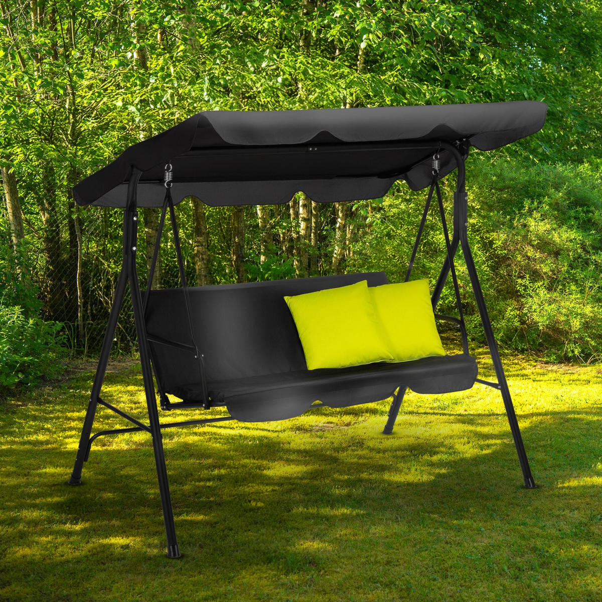 HOLLYWOODSCHAUKEL mit Sonnendach, 170/110/153 cm, 3 Personen, 2 Kissen, bis 200 kg - Goldfarben/Schwarz, Textil/Metall (170/153/110cm) - Luverno