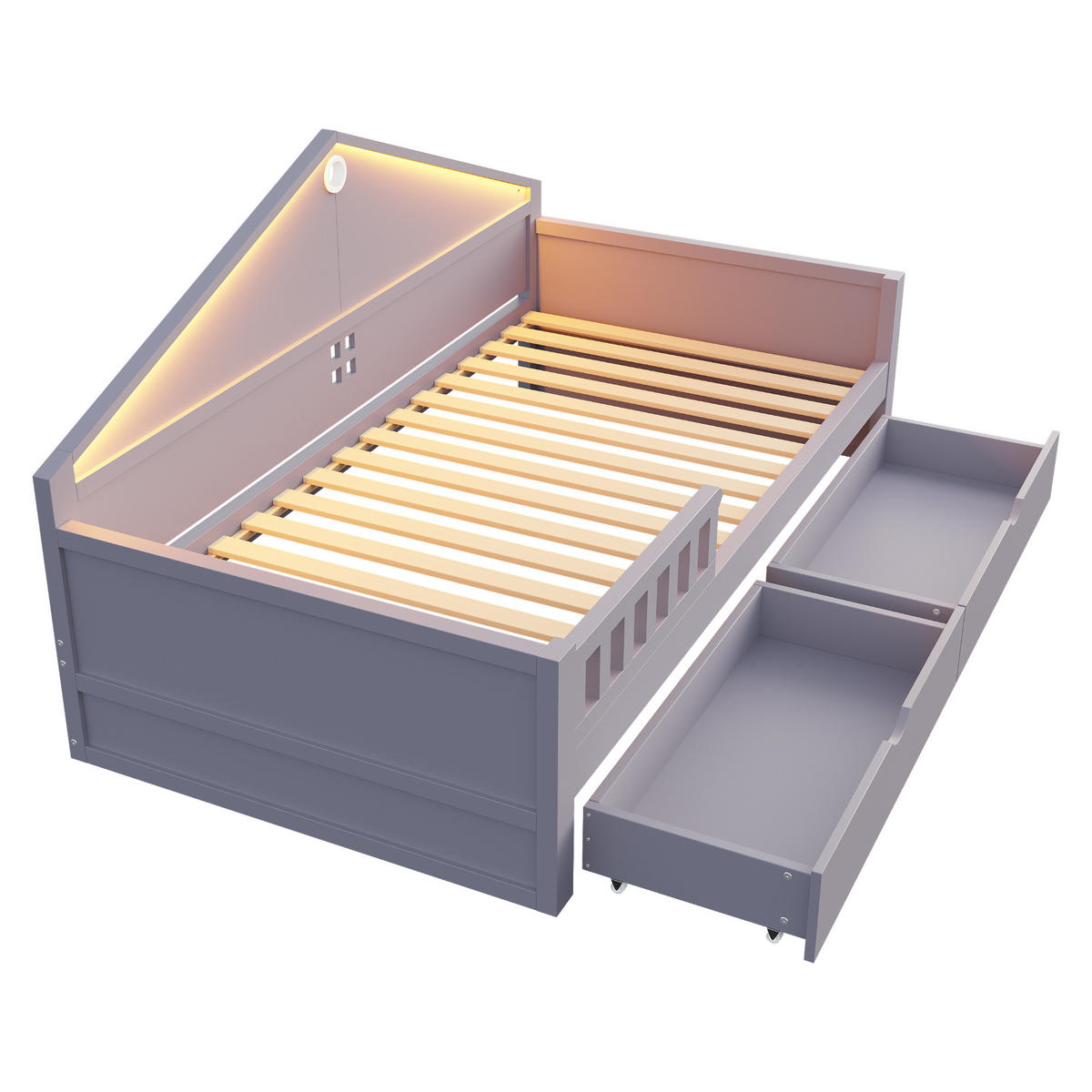 KINDERBETT 90/200 cm grau aus Massivholz und MDF mit LED-Lichtleiste und Schubladen - Grau, Holz (90/200cm) - OKWISH