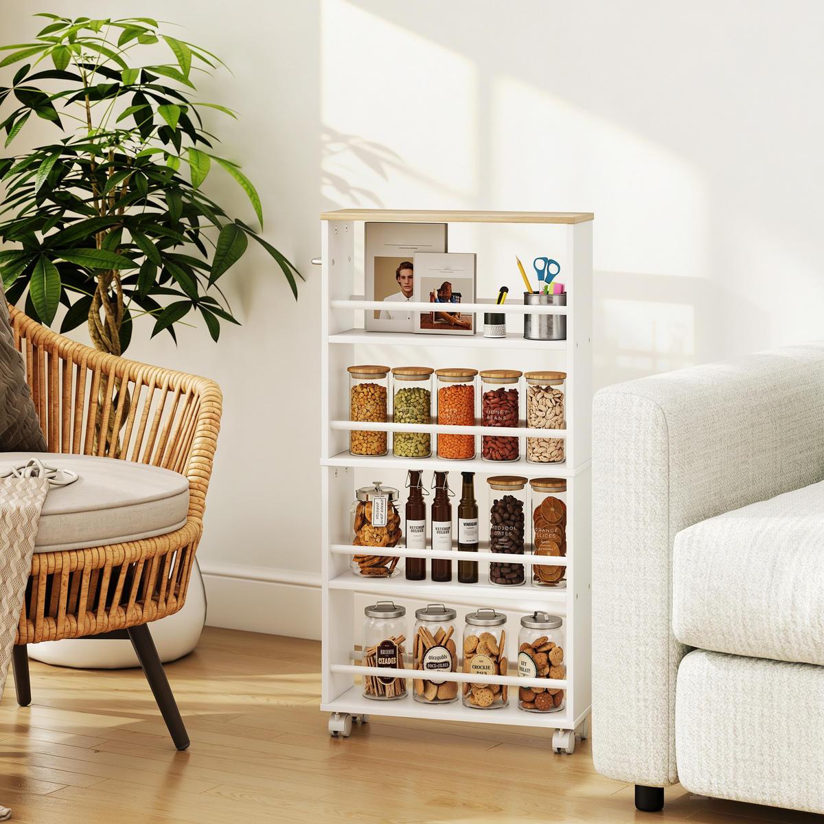 ROLLWAGEN, Schmaler Servierwagen mit 4 Etagen, Griffe, für Küche, Natur - Silberfarben/Naturfarben, Holzwerkstoff/Metall (15/91/45cm) - HOMCOM