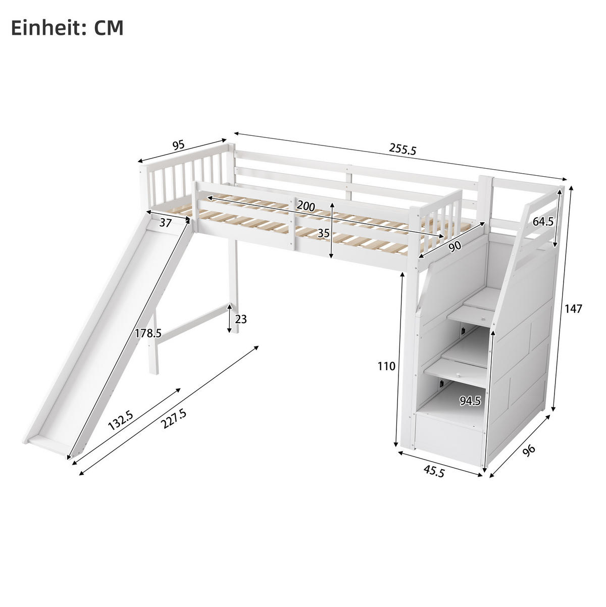 KATNI krevet od borovine i MDF-a 90x200 cm bijeli s toboganom, spremišnim stubama i EN747 certifikatom - bijela, drvni materijal (90/200cm) - Modfu