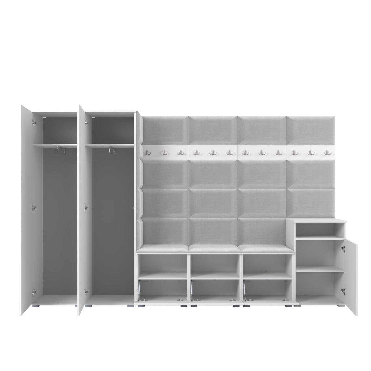 GARDEROBE NELA XII 300 cm (Modulare Flurmöbel Graphit mit Spiegel & Sitzpolster Schwarz 16 Gigantisches Set) - Silberfarben/Schwarz, Holz/Holzwerkstoff (300/187/40cm) - Ravio