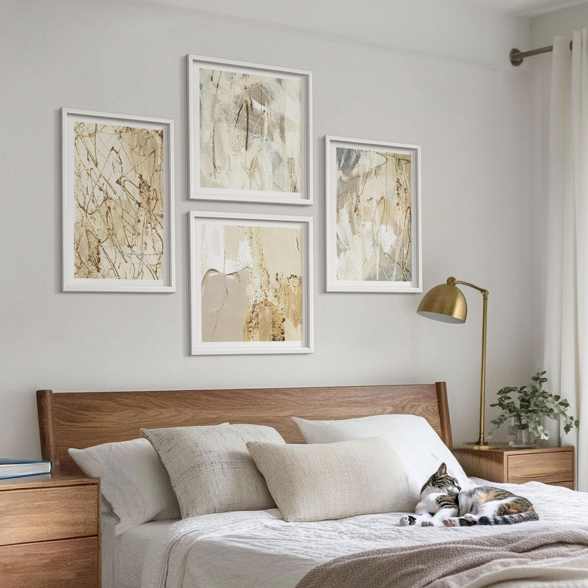BILDER SET 4er Set - 50x50 cm & 40x60 cm Weißer Rahmen - Beige abstrakte Formen Linien - Weiß, Kunststoff (50/50cm) - TULUP