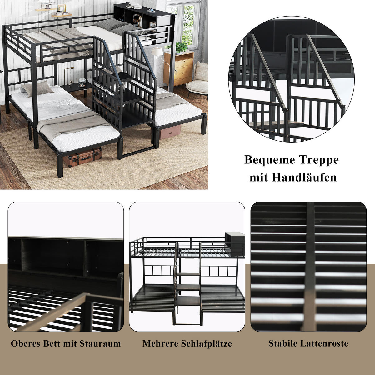 ETAGENBETT 90/200 cm & 140/200 cm in Schwarz mit Stauraum und Treppe - Schwarz, Metall (140/200cm) - CHICFURN