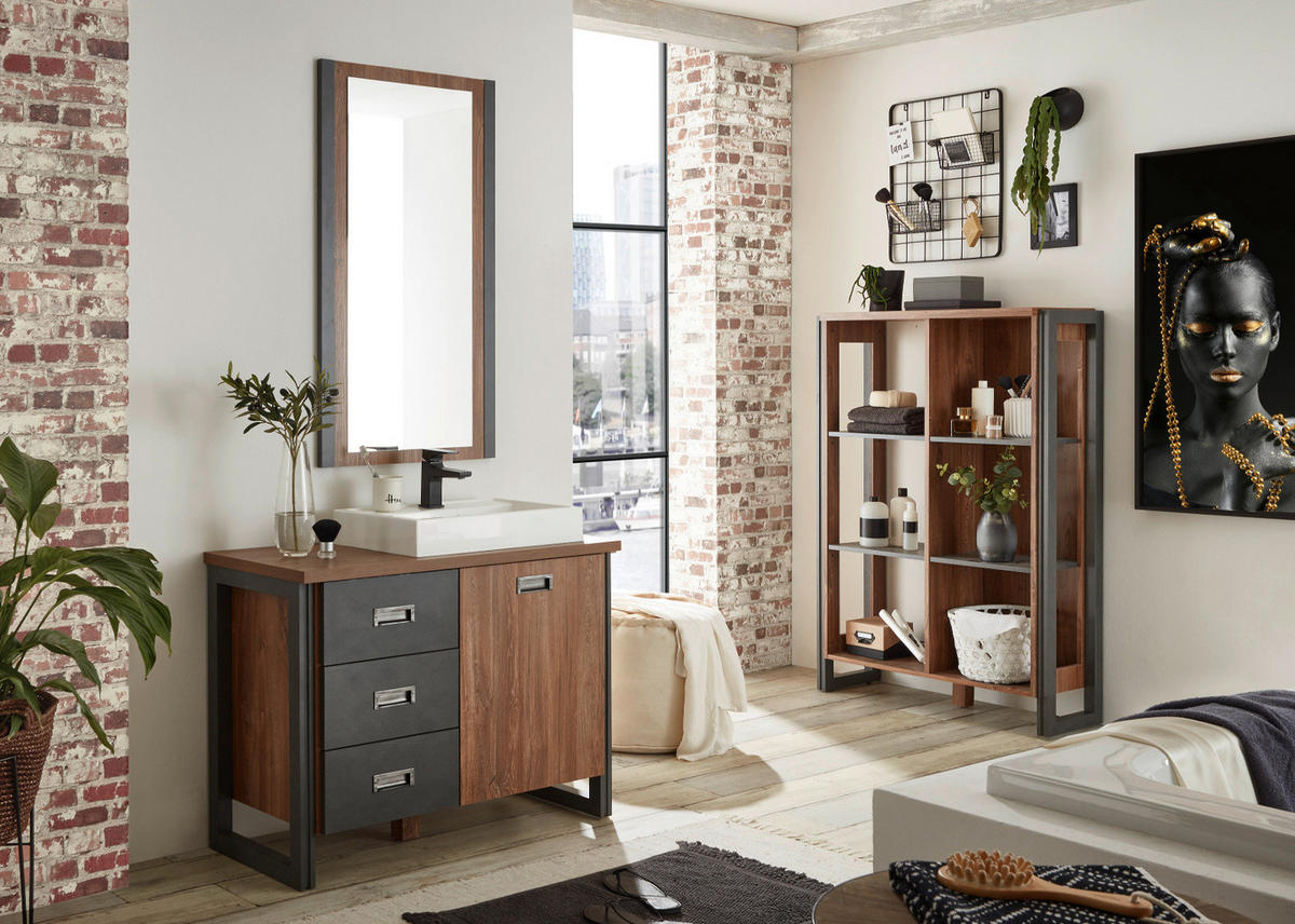 BADMÖBEL-SET 3-teilig Eiche Stirling, Matera grau, Badkombination MIT Waschbecken 91 x 205 cm - Eichefarben/Grau, Holzwerkstoff (91/205/40cm)