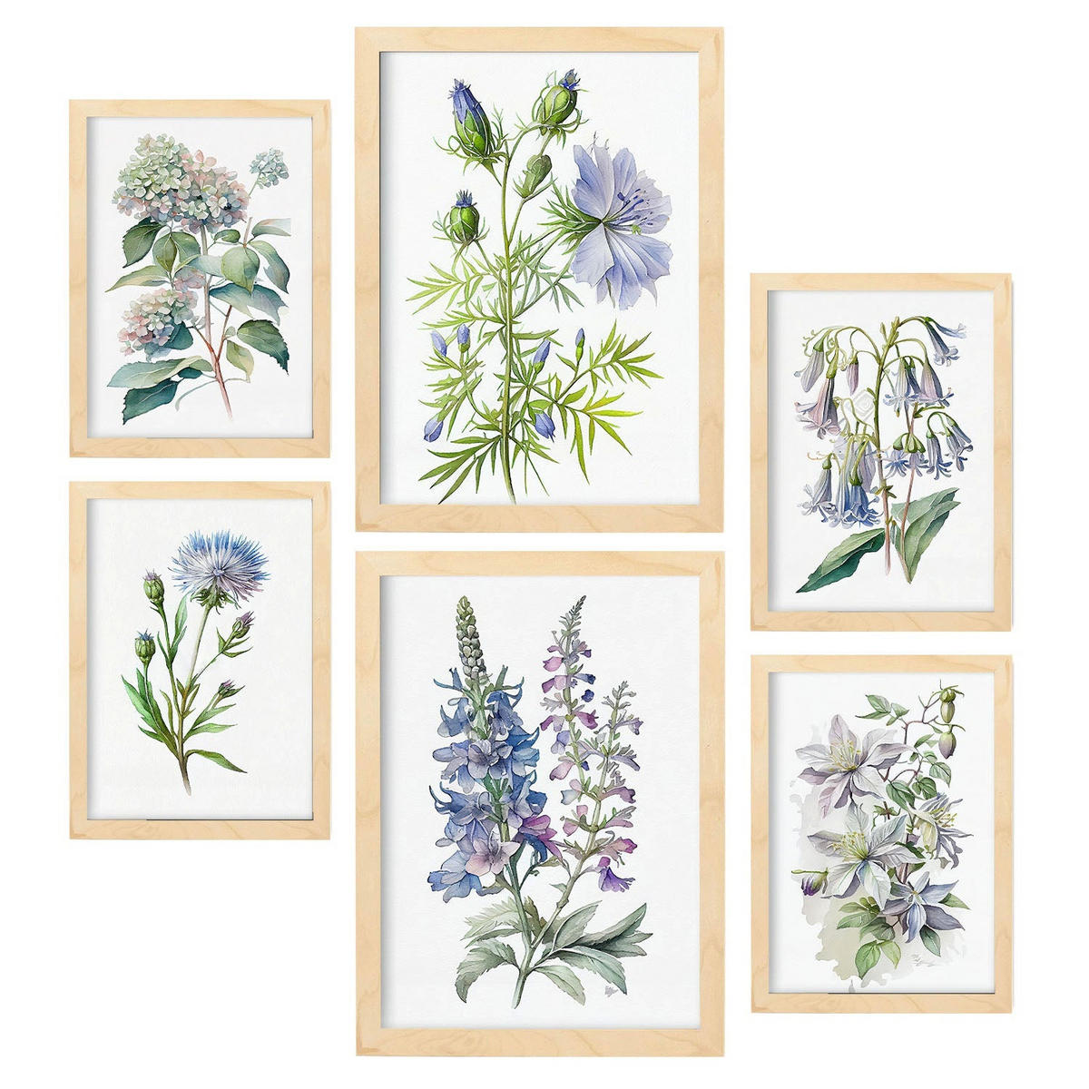 POSTER Set Mit 6 Blaue Blumen Vollfarbige Natur Und Botanikdrucke Mit Blumenmotiven Auf Reinweißen Hintergründen A3 & A4 Rahmen Aus Hellem Holz - Beige, Papier (29/3cm) - Nacnic
