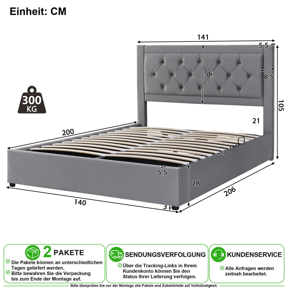 ČALOUNĚNÁ POSTEL 140/200 cm v šedé barvě s úložným prostorem ze sametu - šedá, kov/kompozitní dřevo (140/200cm) - CHICFURN