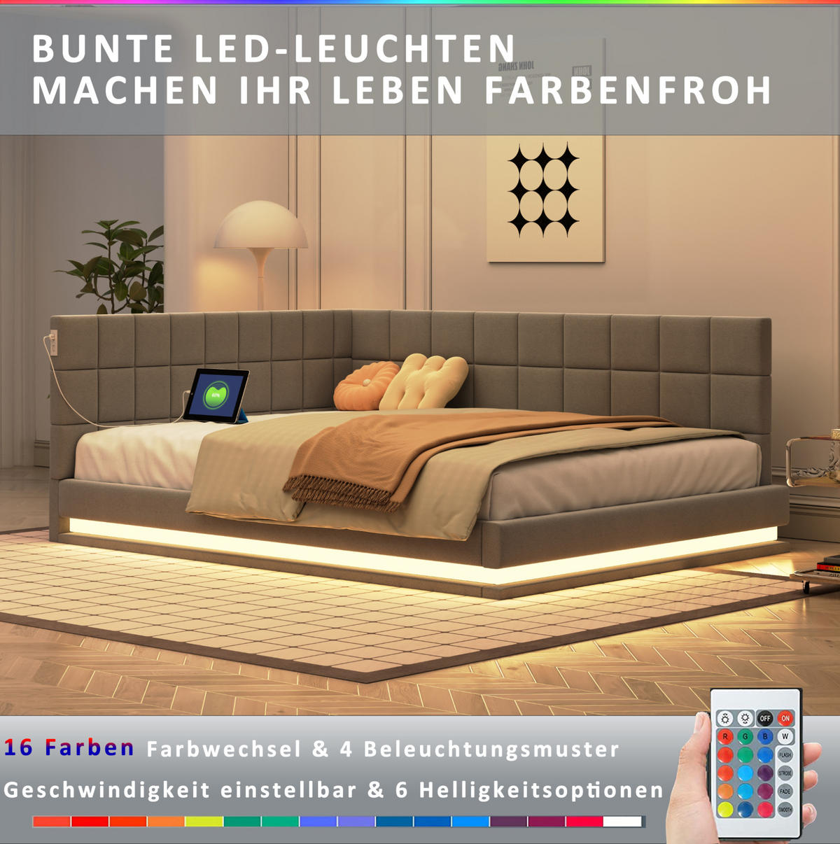 POLSTERBETT 140/200 cm Grau aus Leinen mit LED und USB-Steckdose - Grau, Textil (140/200cm) - OKMYHOME