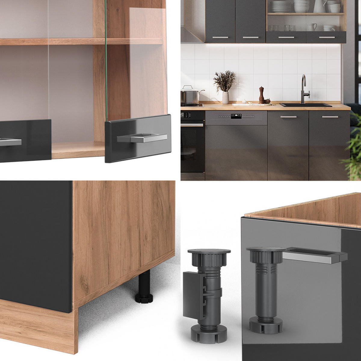 KÜCHENZEILE R-Line Anthrazit Hochglanz/Goldkraft Eiche 300 cm ohne AP - Anthrazit/Eiche Wotan, Holzwerkstoff (300/81.6/46cm) - Vicco