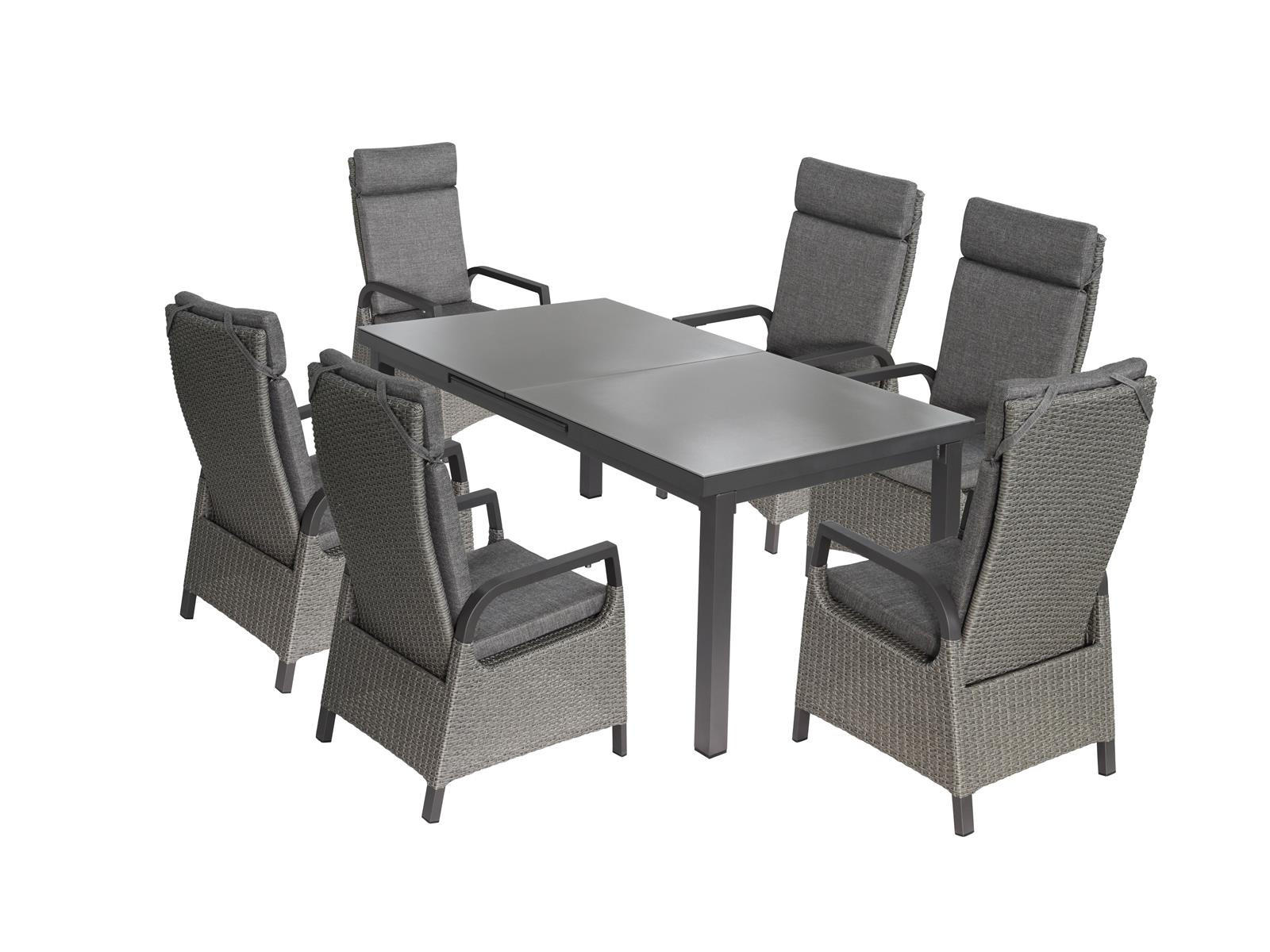 GARTENMÖBEL-SET Chicago 4 Aluminium ausziehbarer Tisch 6x Hochlehner Gartensessel - Grau, Naturmaterialien - Green Spirit