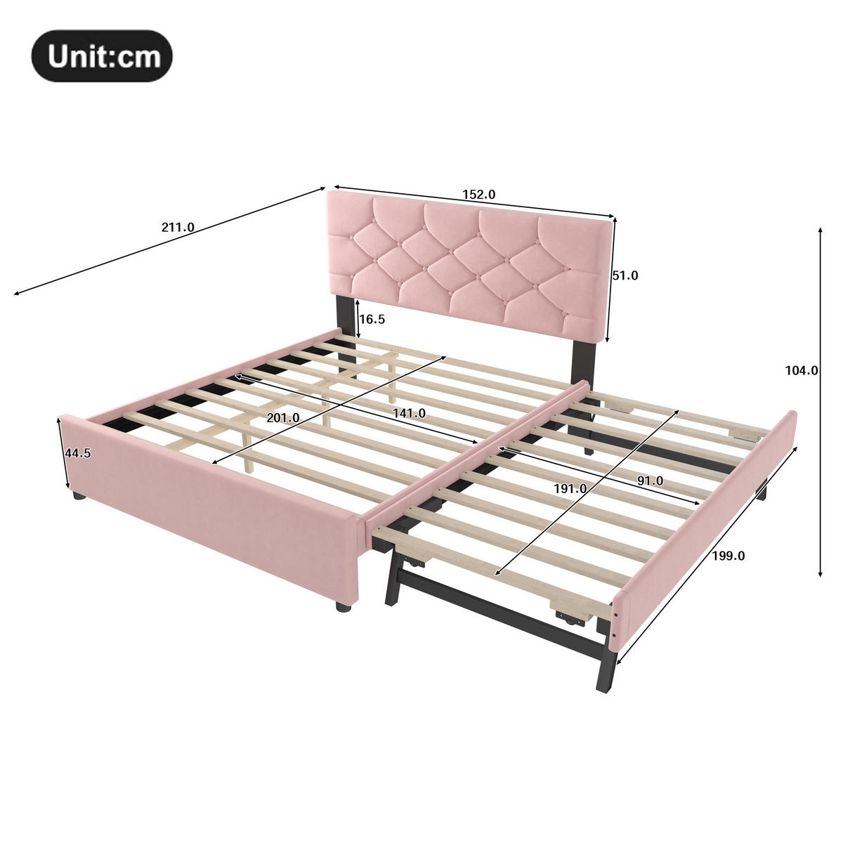POLSTERBETT 140/200 cm rosa mit Rollcontainer aus Samt - Rosa, Textil (140/200cm) - OKWISH