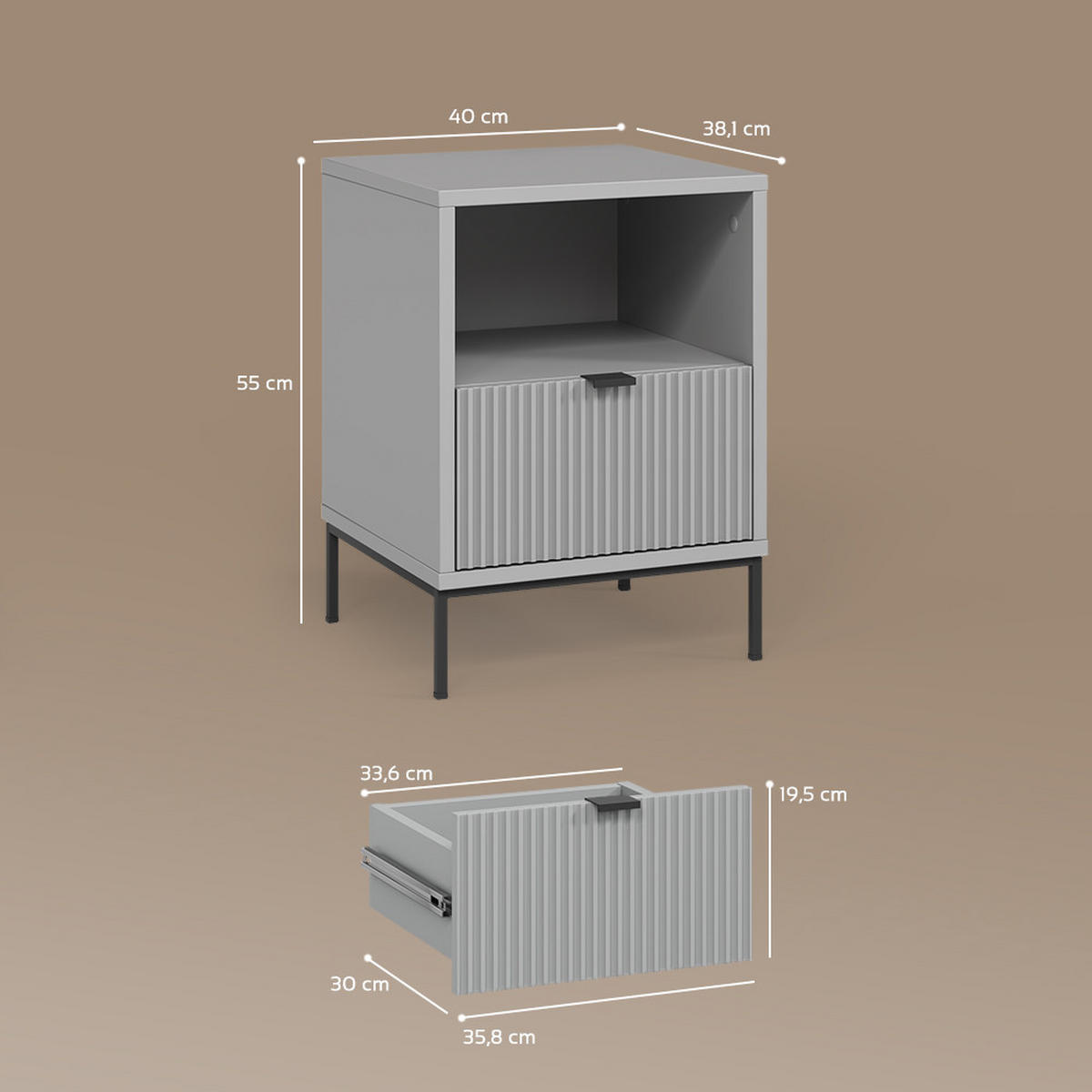 NACHTTISCH Aterno Grau mit 1 Schublade - Grau, Holzwerkstoff (40/55/38.1cm) - Livinity®