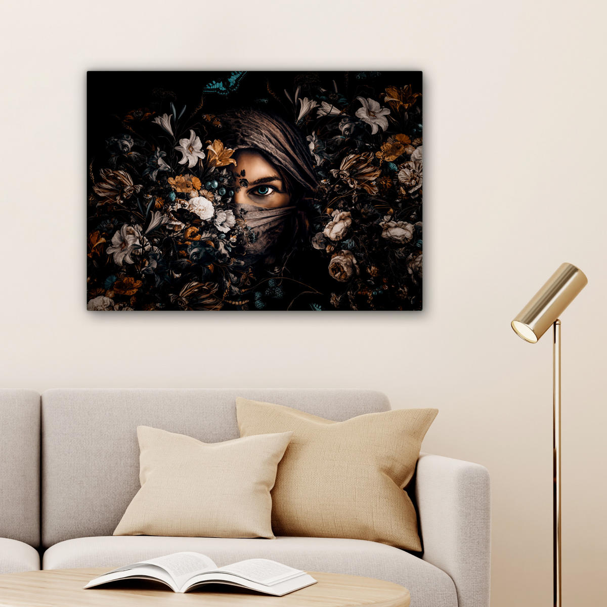 LEINWANDBILD Frau - Luxus - Blumen - Schmetterling - Porträt Wandbilder 80x60 cm - Schwarz, Textil (80/60cm) - MuchoWow