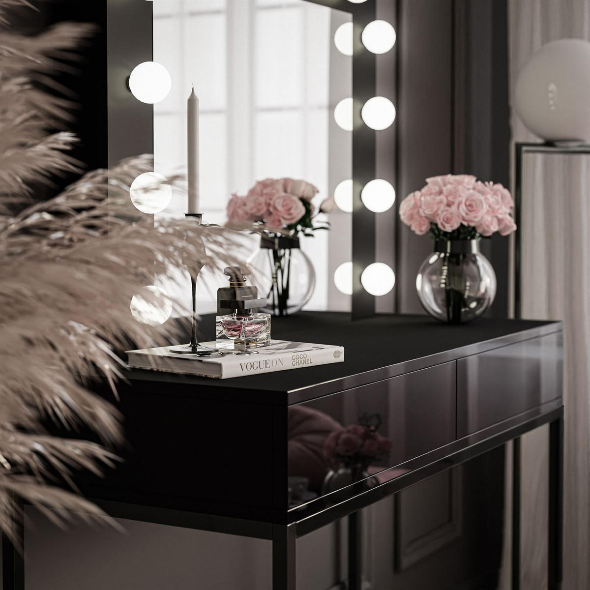 SCHMINKTISCH BLANCO LOFT mit Spiegel und Beleuchtung Schwarz Hochglanz PUSH OPEN - Schwarz Hochglanz/Schwarz, Holzwerkstoff (100/146/42cm) - Lookway