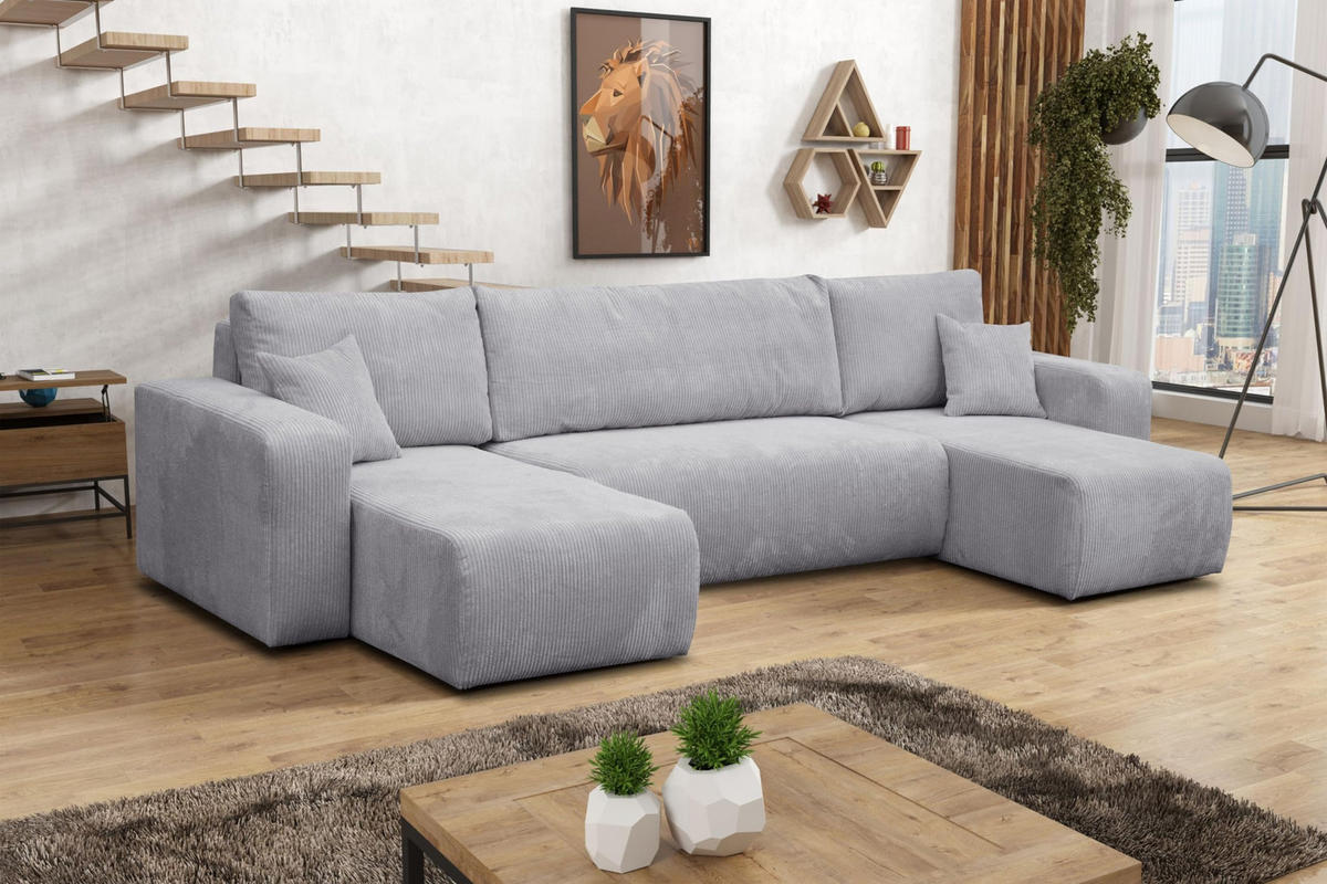 WOHNLANDSCHAFT LUNA U-FORM mit Schlaffunktion und Bettkasten (Hellgrau) - Hellgrau, Textil (312/83/142cm) - VENASI MÖBEL