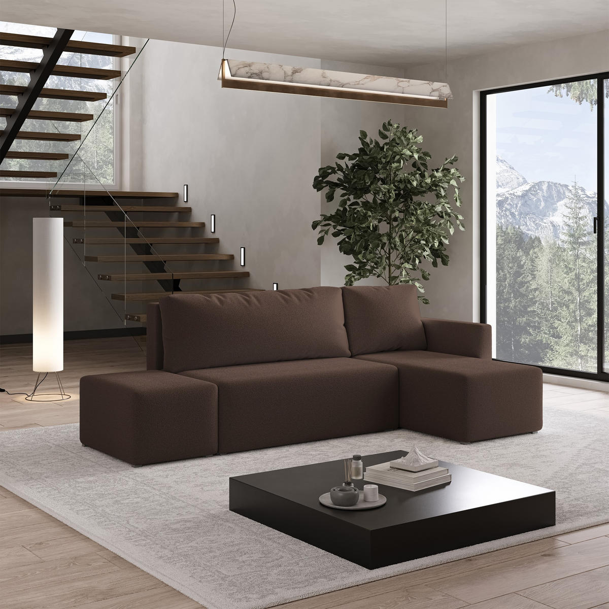 ECKSOFA VELOTTI R-S Braun Boucle-Stoff mit Schlaffunktion - Braun, Holz (261/143cm) - MASSENO