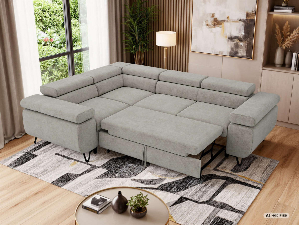 ECKSOFA FALCO L - Hellgrau Stukture - Links Seite - Hellgrau/Schwarz, Textil/Metall (197/268cm) - MKS