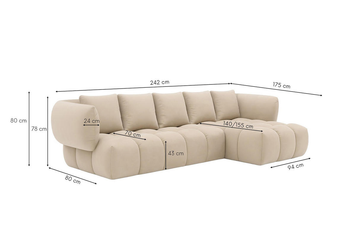 ROHOVÁ SEDAČKA ve tvaru L, velurová tkanina Bluvel, Krémová, Pravá strana, SEVIO L - krémová, dřevo (242/175cm) - Kaiser Möbel