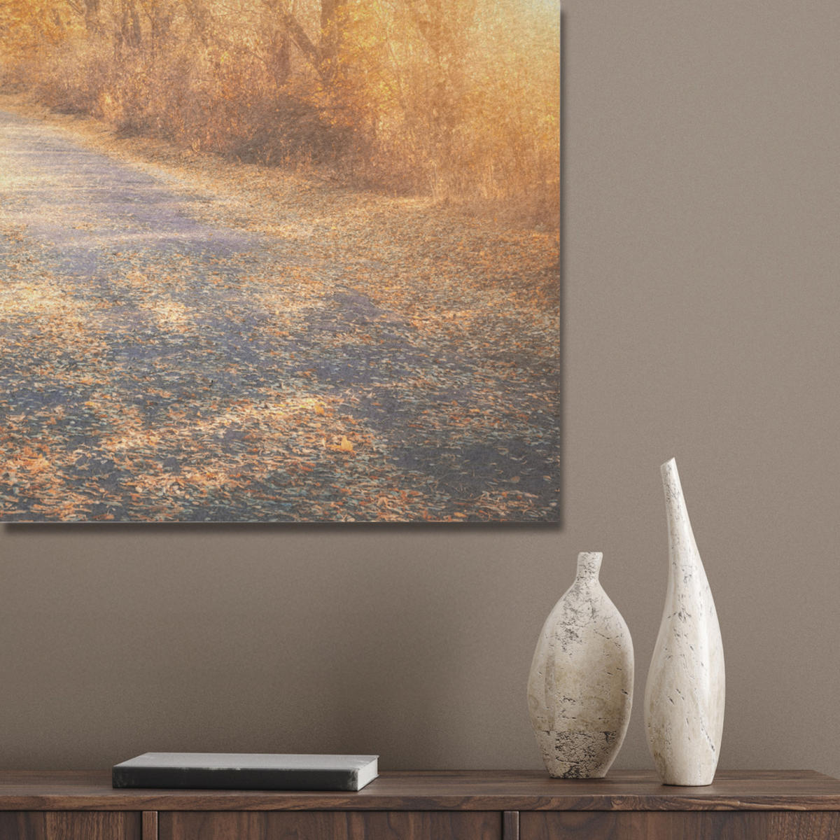 AKUSTIKPANEEL Wald - Herbst - Bäume - Waldweg - Natur 90x90 cm - Bernsteinfarben, Textil (90/0.9/90cm) - MuchoWow