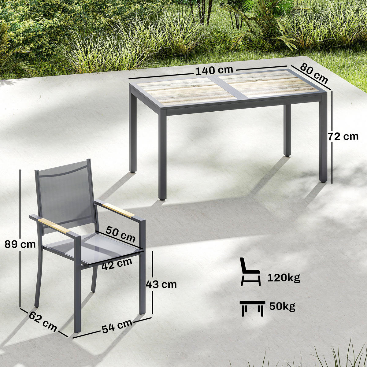 GARTENTISCHGRUPPE DE-18125 140 cm Holzoptik-Tisch, 6 Textilene-Stühle Grau - Dunkelgrau, Metall - ComfortXL