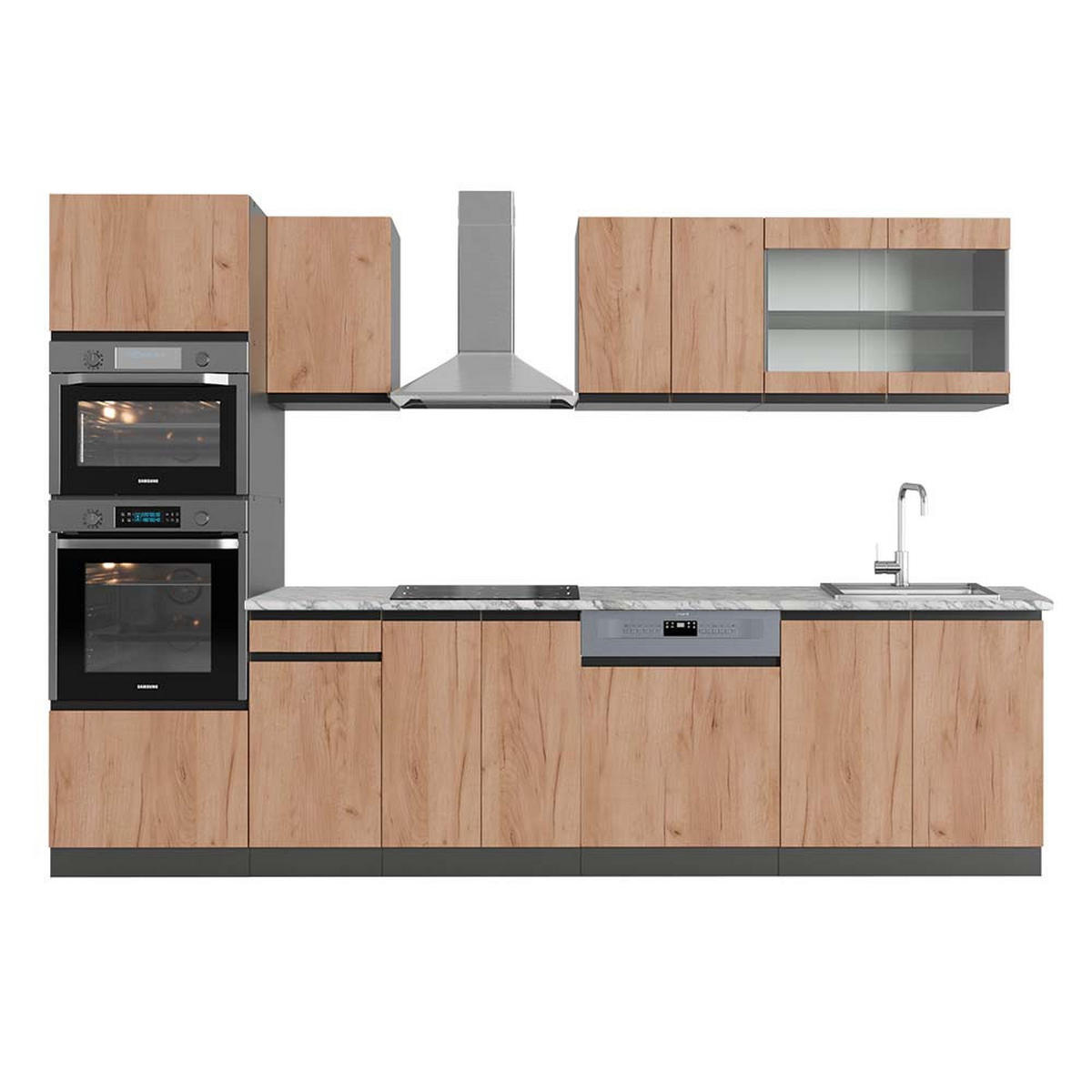 KÜCHENZEILE R-Line Goldkraft Eiche/Anthrazit 300 cm J-Shape mit Hochschrank, AP Marmor - Honigeiche/Anthrazit, Holzwerkstoff (300/81.6/60cm) - Vicco