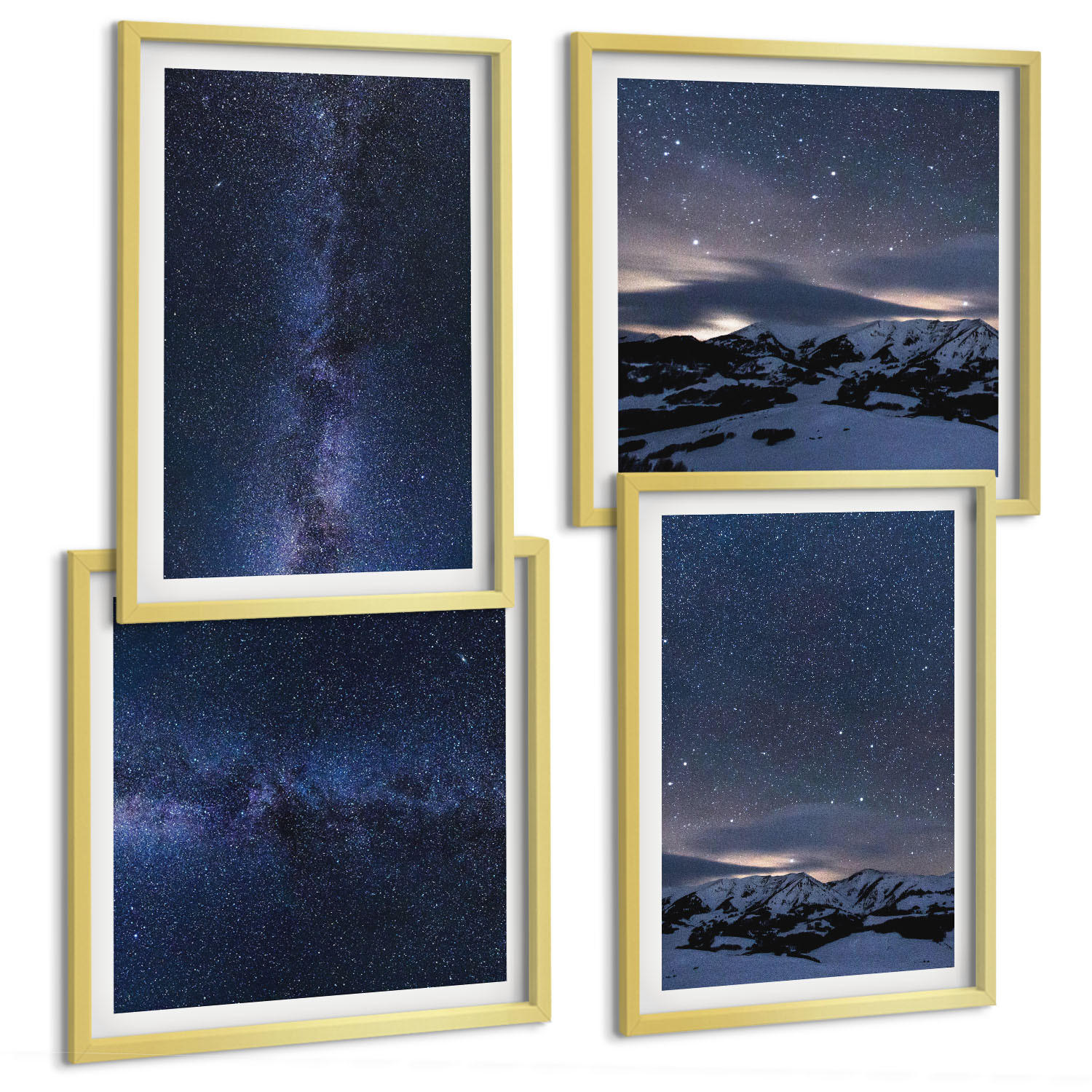 BILDER SET 4er Set - 50x50 cm & 40x60 cm Goldrahmen - Nachthimmel, Berge, Sterne - Goldfarben, Kunststoff (50/50cm) - TULUP