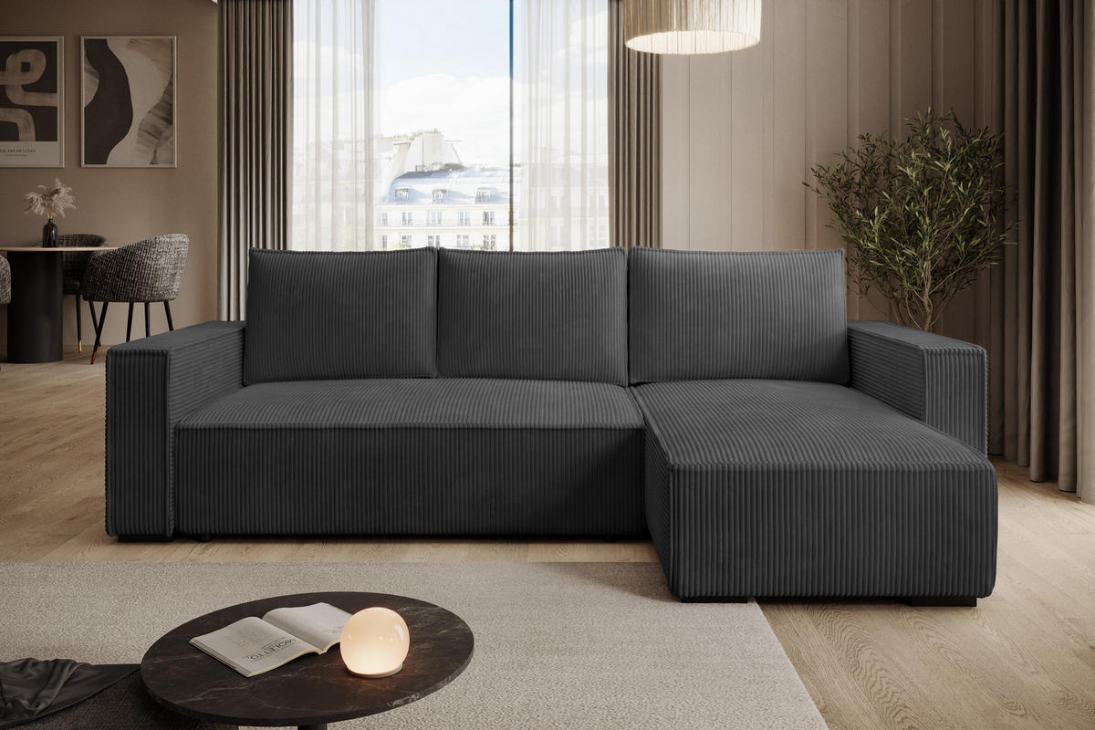 ECKSOFA CUDDY L, Eckcouch in L-Form mit Schlaffunktion und Bettkasten, Farbe: Dunkelgrau, Cordstoff, Ottomane Rechts - Dunkelgrau, Textil (240/140cm) - Storez24