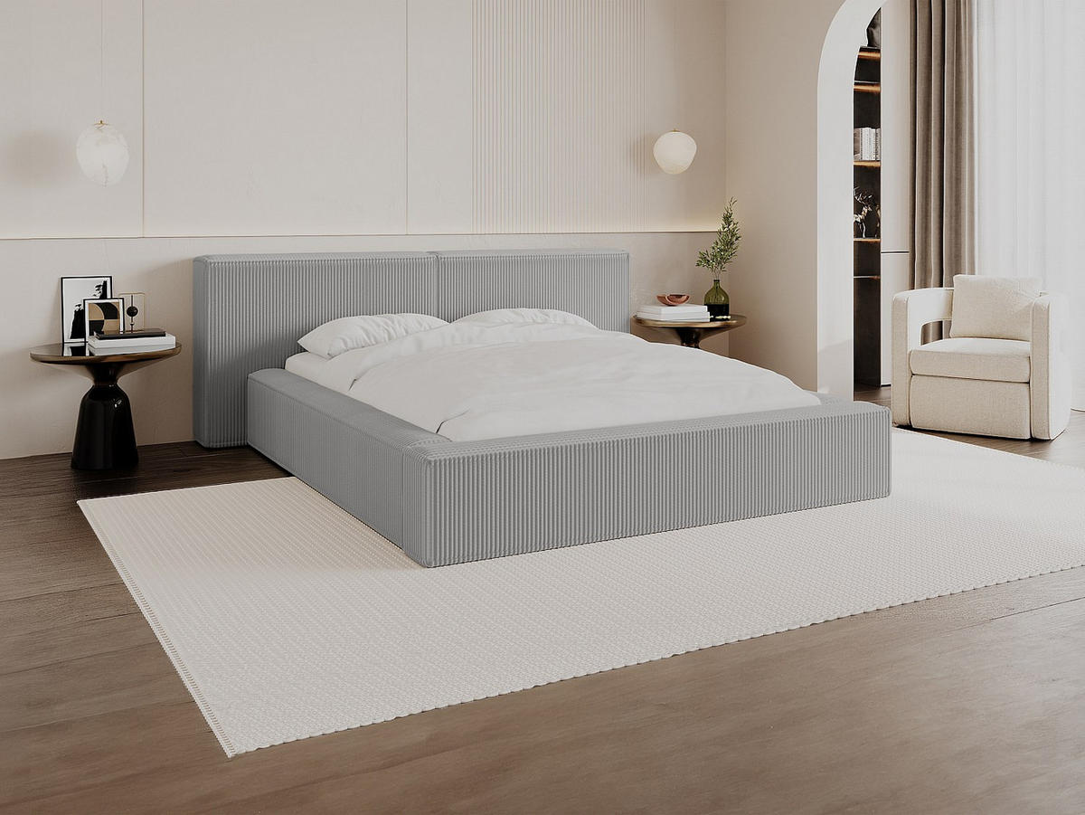 BETT mit Bettkasten - 2 Personen - Samt, Stoff - Hellgrau - Hellgrau, Textil (160/200cm) - Vente-Unique