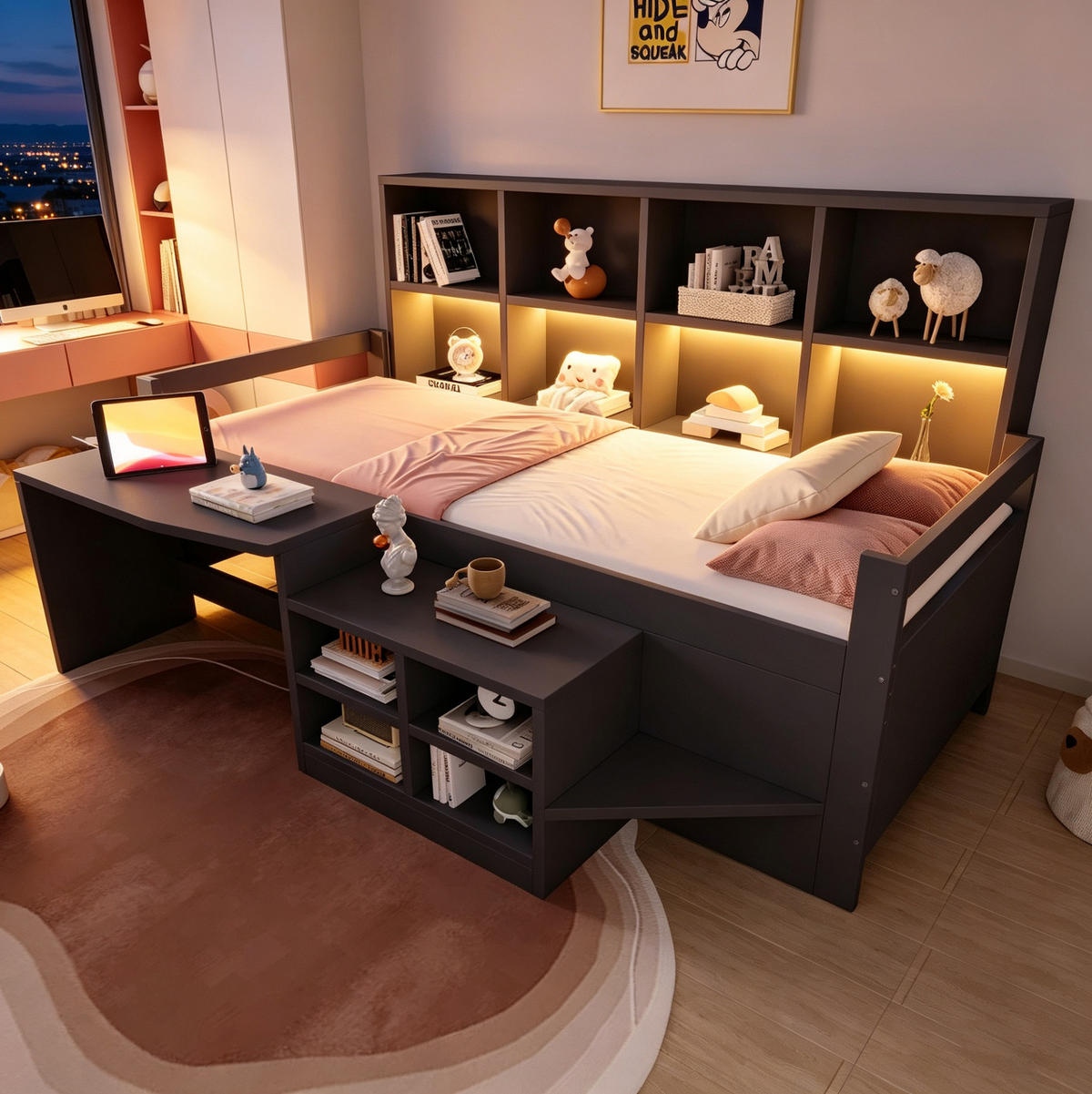 BETT mit Schreibtisch und Stauraum 90x200 cm Grau mit LED und Steckdose - Grau, Holzwerkstoff (90/200cm) - Beauniv