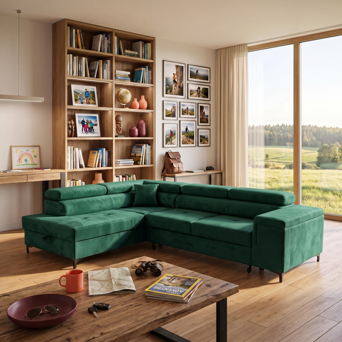 ECKSOFA WILLIAM L Links mit Schlaffunktion 127x195 Velours Grün - Silberfarben/Grün, Holz/Textil (275/203cm) - Muffo